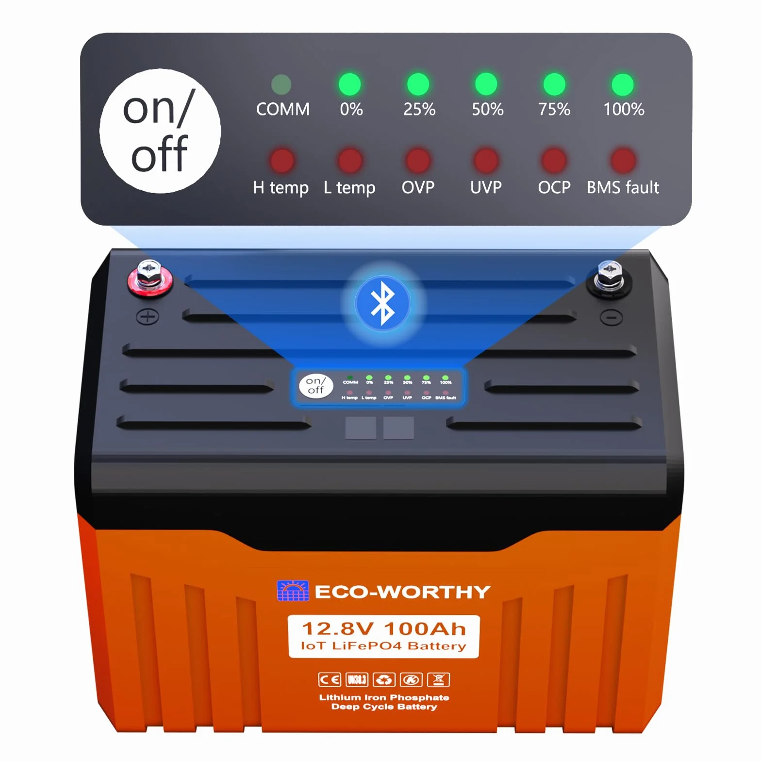 ECO-WORTHY LiFePO4 12 V 100 Ah z wyświetlaczem LED, akumulator litowy 12 V 100 Ah z ochroną przed niską temperaturą BMS i maks. 15000 cykli, 1280 Wh LiFePO4 12 V do kampera, panel słoneczny