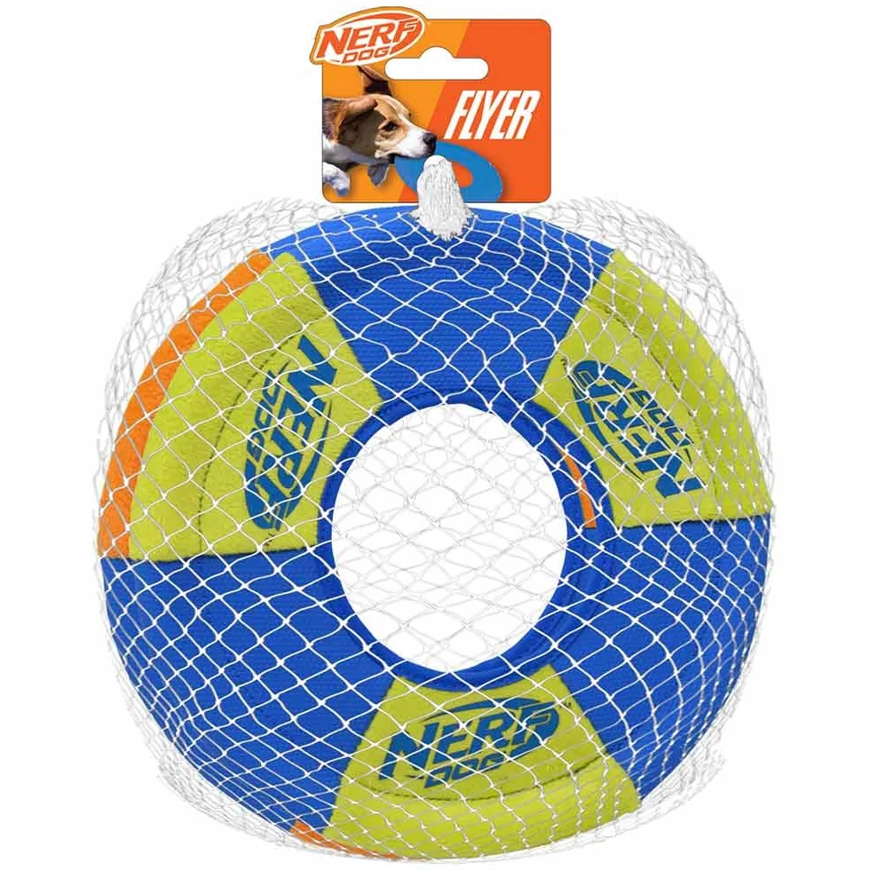 Nerf Dog Toss and Tug Ring zabawka dla psa, latający dysk, lekka, trwała i wodoodporna, średnica 22 cm, dla ras średnich/średnich, dwupak, zielony i pomarańczowy