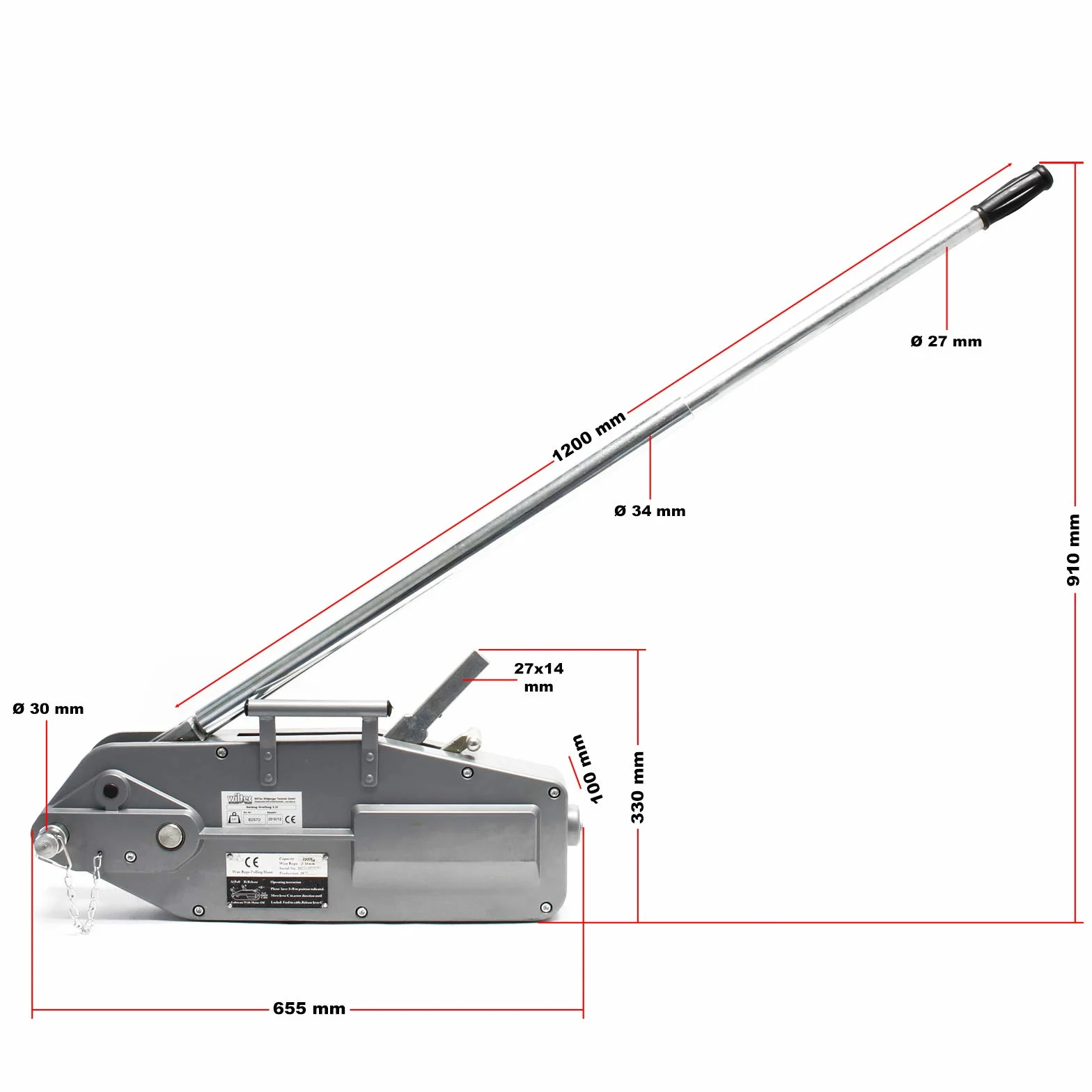 Wiltec Ręczna wciągarka linowa 3200 kg stalowa lina 20 m Ø 16 mm hak z blokadą