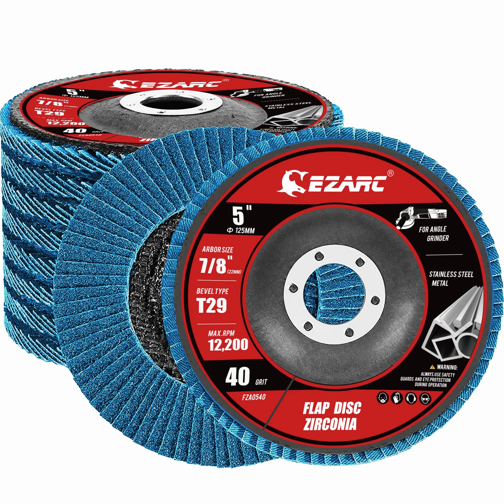 EZARC Tarcze płatkowe Ø 125 mm x 22,2 mm 10 sztuk ziarnistość 40 do stali szlachetnej