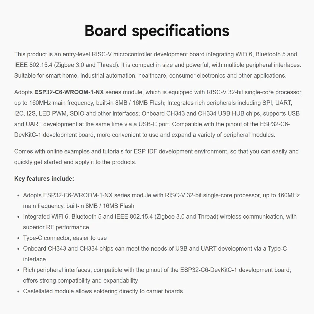 Waveshare ESP32-C6 Microcontroller, WiFi 6 Development Board, 160MHz Processor, ESP32-C6-WROOM-1-NX Module