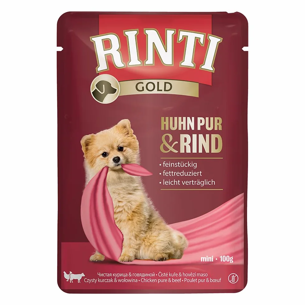 Rinti Gold Mini kurczak Pur i wołowina, 10 x 100 g, pełnoporcjowa karma dla dorosłych małych psów, wyłącznie dla wrażliwych psów w przypadku alergii, w woreczku świeżości