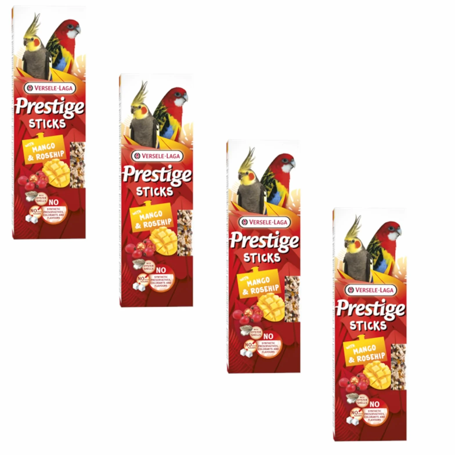 Versele-Laga Prestige Sticks duże papużki z mango i dziką różą, 4 sztuki w opakowaniu, 4 x 140 g, przekąska dla dużych papużek, bez dodatku cukru i syntetycznych środków konserwujących