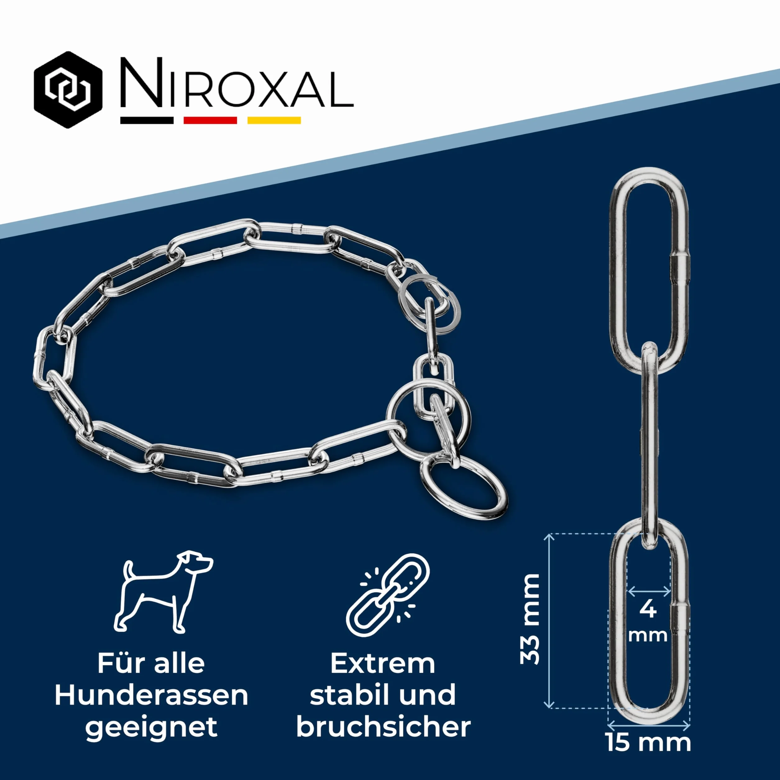 Nierdzewny łańcuszek z blokadą do treningu psów – obroża dla psa ze stali nierdzewnej – długie ogniwa 4 mm grubości – długość 45 cm naszyjnik dla psa z ogranicznikiem ciągu