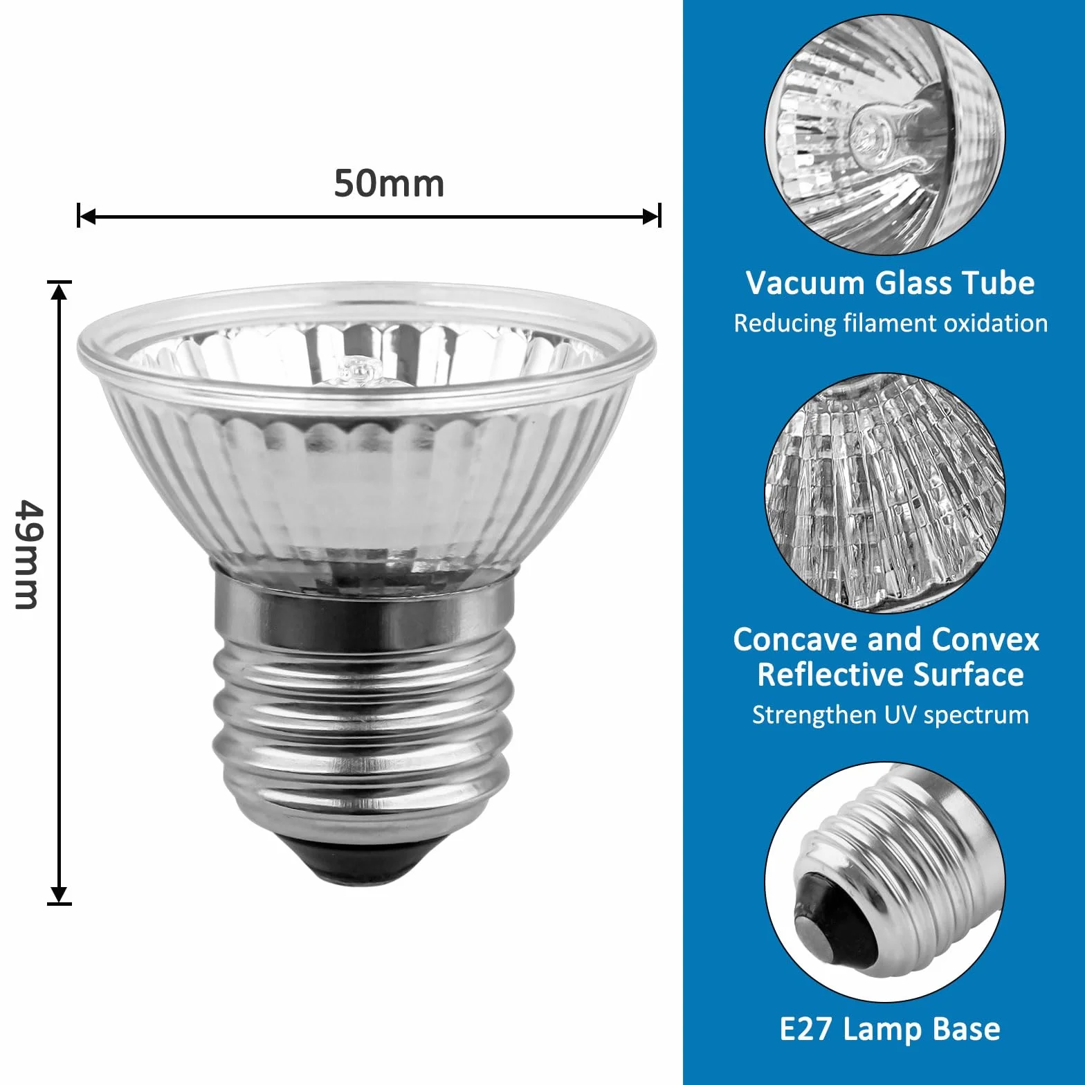 SCNNC Lampa grzewcza do terrarium, 50 W, halogenowa E27, UVA, UVB, z możliwością ściemniania, AC230 V, ciepła biel 2700 K, UV gady, lampa grzewcza UVA UVB E27 dla żółwia, jaszczurki, akwarium