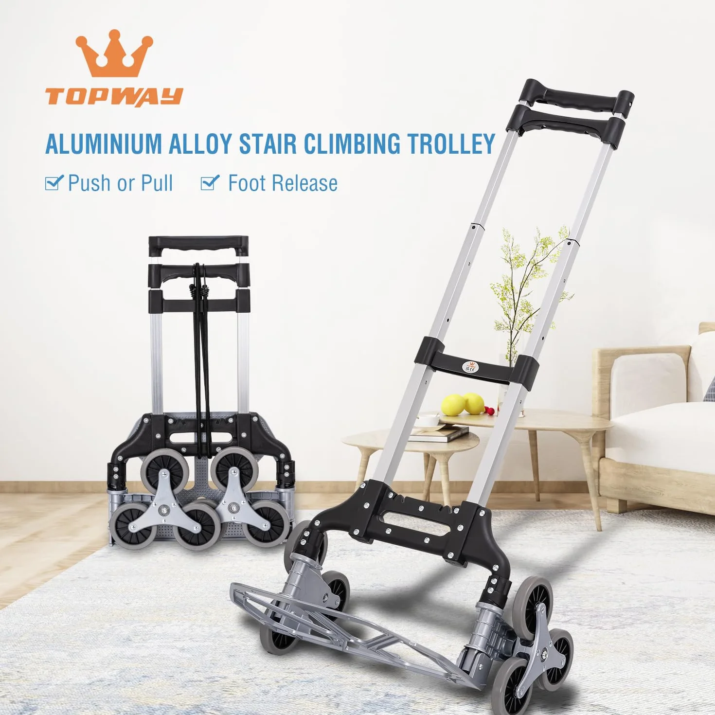 TOPWAY Składany wózek, aluminiowy wózek wspinaczkowy, składany, ręczny wózek ciężarowy, 70 kg, nośność regulowana wysokość z 6 kółkami i sznurkiem, do użytku wewnątrz i na zewnątrz, w podróży, na