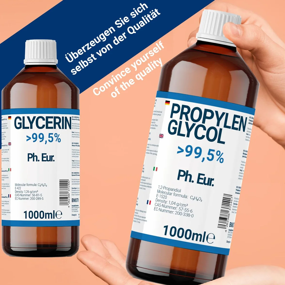 1000ml gliceryna + 1000ml glikolu propylenowego jakości farmaceutycznej | >99,5% | Czysty | E422 + E1520 DIY