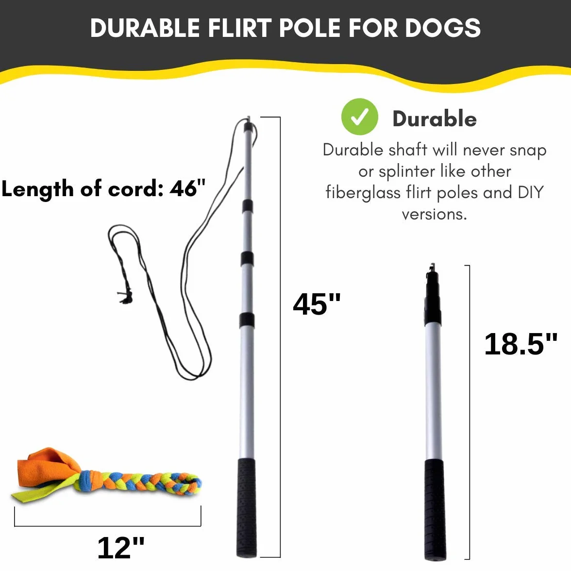 Flirt Pole for Dogs w/ Safe & Strong Non-Bungee Cord, Telescopic Lure Stick for Dogs of Any Size, Dog Toy for Training & Exercise by Yes4Quality