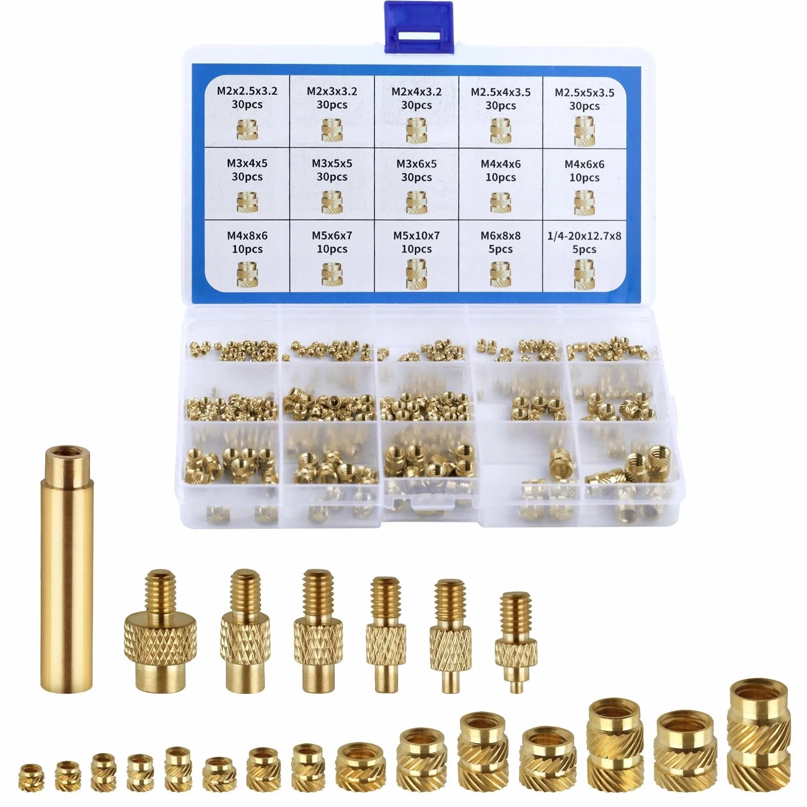 LEONTOOL Zestaw wkładek gwintowanych M2-M6 1/4-20 mosiężne nakrętki radełkowane 307 szt.
