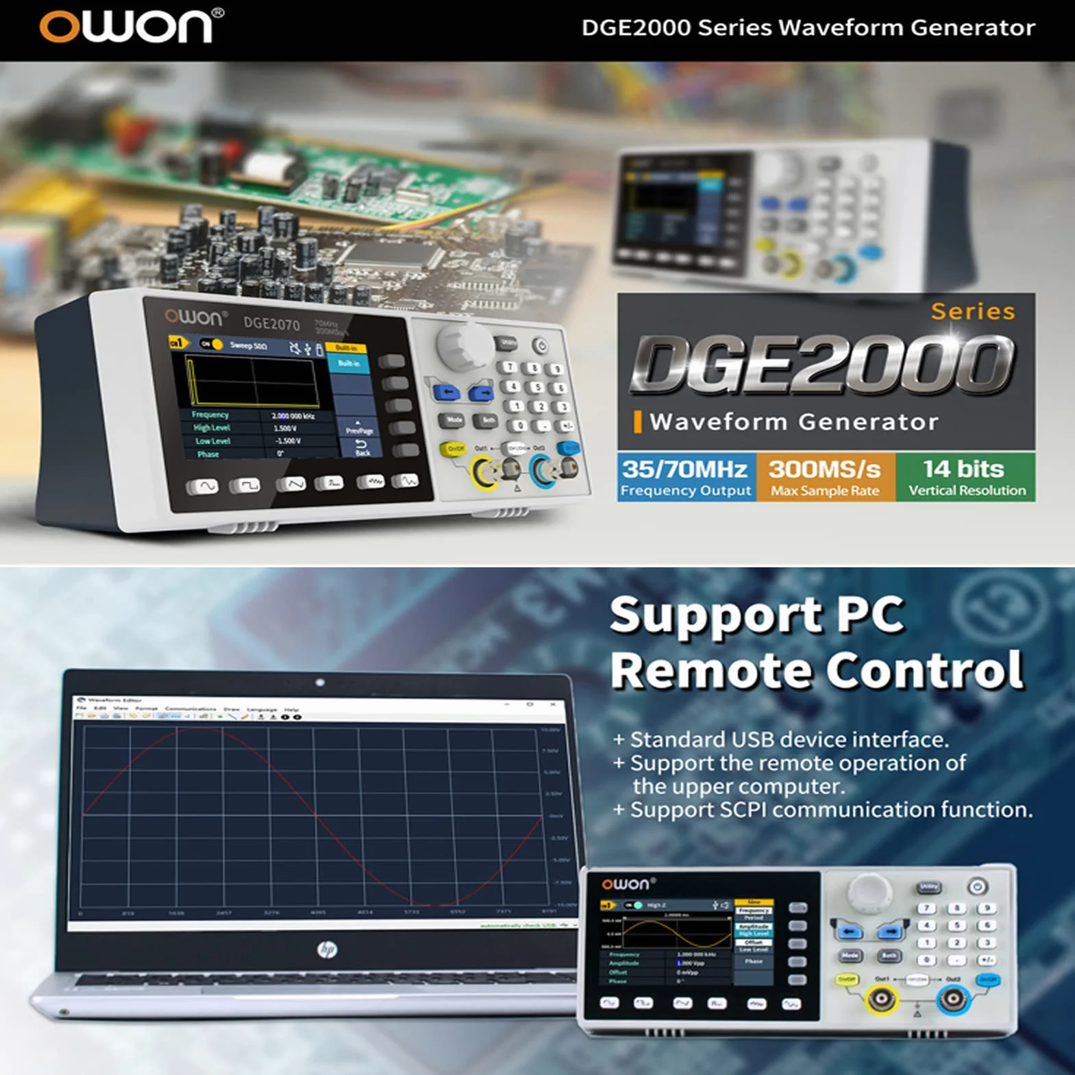 OWON DGE2070 Generator Fali Dowolnej AWG 14bit pionowa rozdzielczość 2CH 70MHz 300MSa/s 3,6-calowy LCD Generator Sygnału Cyfrowego