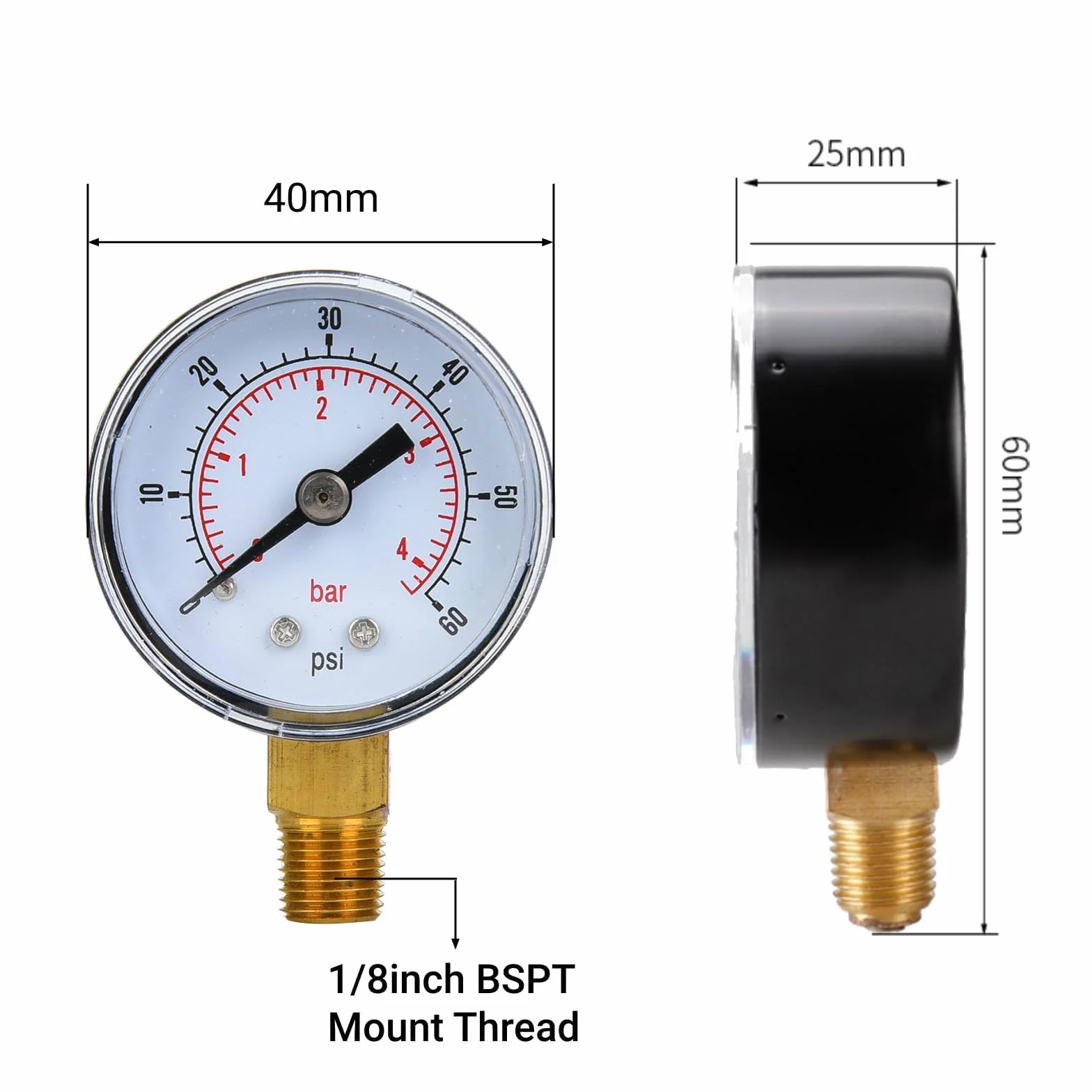 Manometr BSPT 1/8 Cala Montaż Dolny 0-60 psi 0-4 bary Miernik Ciśnienia Powietrza