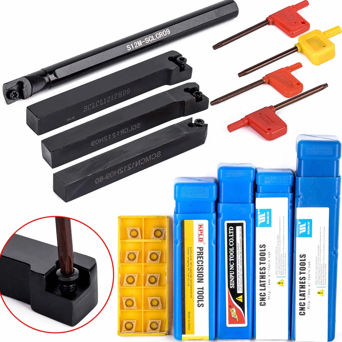 Maizoon Uchwyt narzędziowy do tokarki CNC 4 szt. S12M-SCLCR09 SCLCR1212H09 SCLCL1212H09 SCMCN1212H09 + 10 szt. wkładów z węglika spiekanego + 4 szt. klucz, tokarka wewnętrzna do rowkowania do dużych