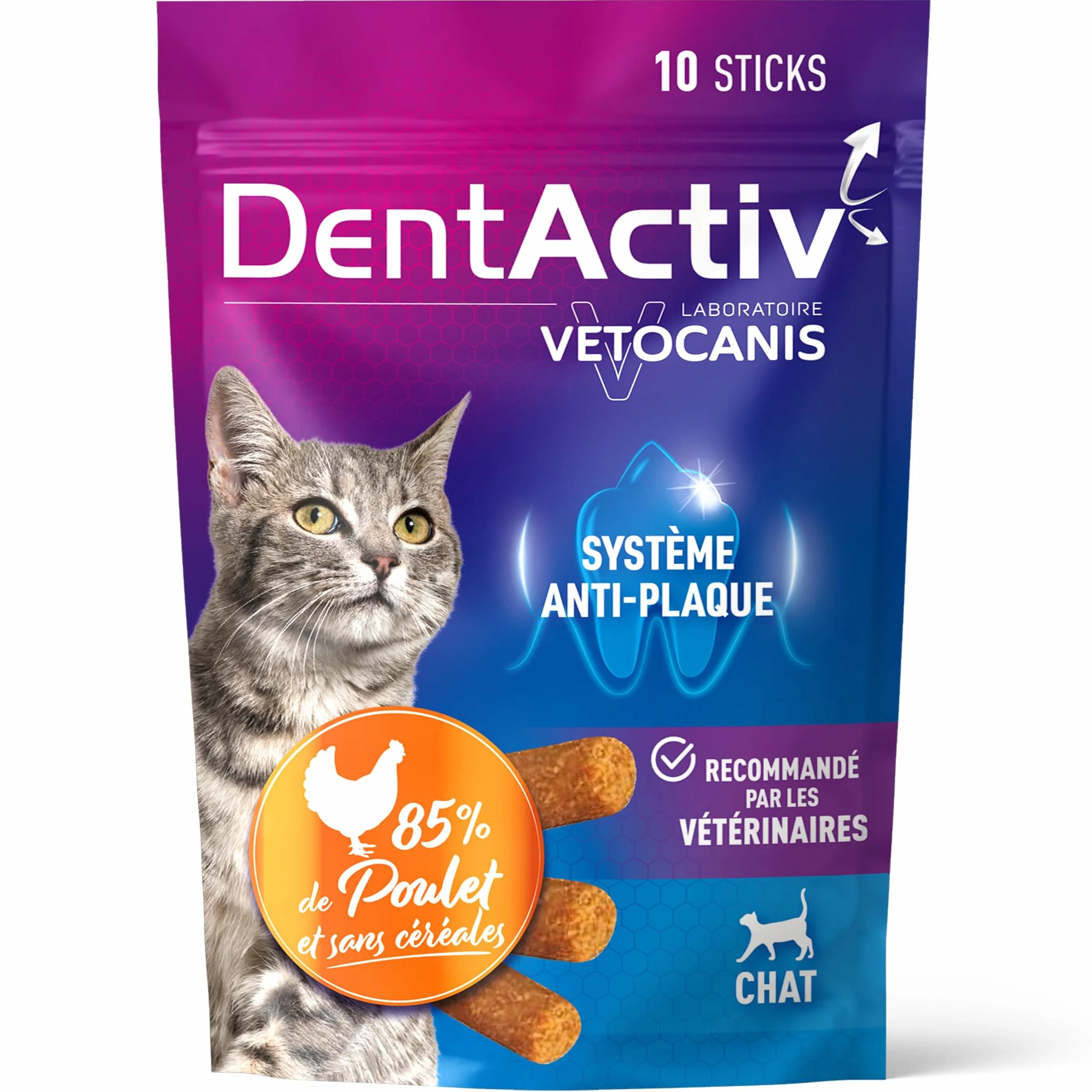 Vetocanis | Dentactiv | Stick Dental Cat | Przysmaki dla smakoszy dla kotów | Zdrowie i higieny kota | Bogate w mięso | 85% kurczaka | polecany przez weterynarzy | System przeciw płytkom