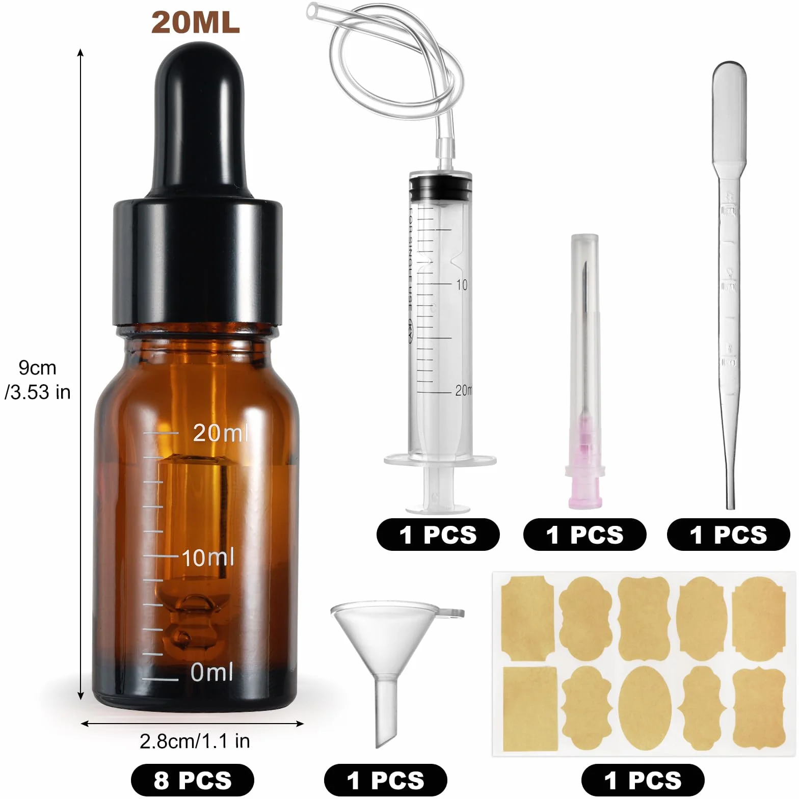 Realure 8 butelek z pipetą 20 ml, ze skalą, mała, z brązowym szkłem, butelka z kroplomierzem, butelka z pipetą, do olejków eterycznych, olejków zapachowych, płynów, 5 akcesoriów pomocniczych