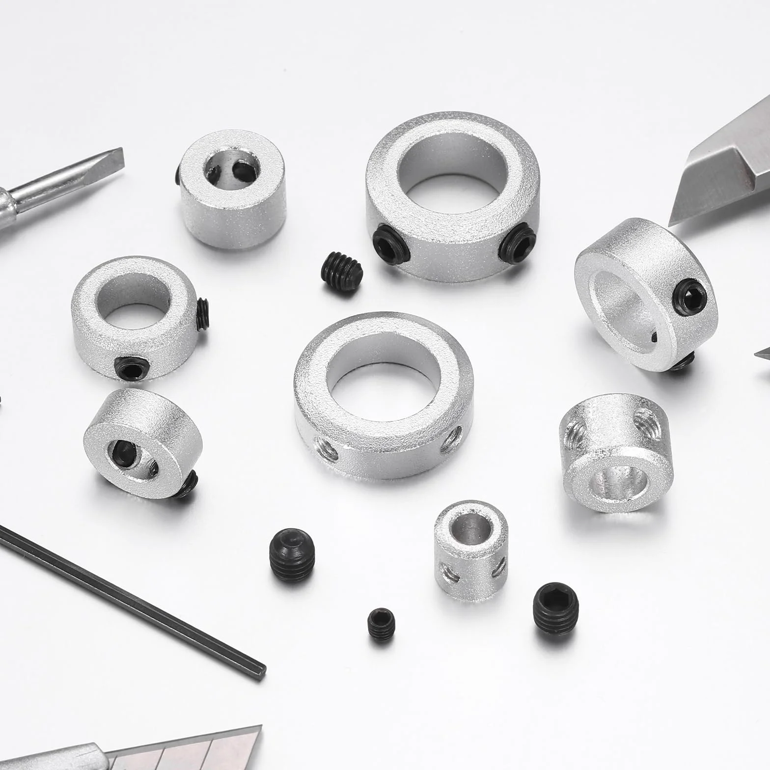 QUARKZMAN 6-częściowy zestaw kołnierzy śrubowych 8 mm otwór, kołnierz falisty ze stopu aluminium, 14 mm OD, szerokość 6 mm zacisk kołnierzowy do liniowego prowadzenia wału drążka