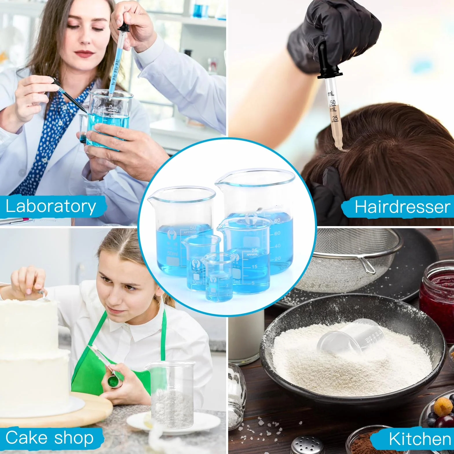 5 sztuk mini miareczek 100ml 50ml 25ml 10ml 5ml, zlewka z miarką, szkło borosilikatowe mini miarka z miarkowanym kroplomierzem i naklejką z etykietą, zlewka do laboratorium