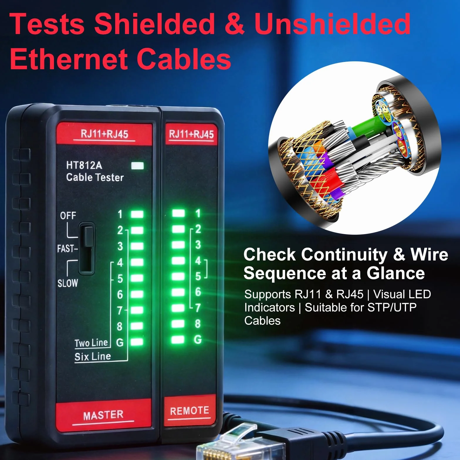VOBOR RJ45 LAN Tester sieci RJ11 CAT7 CAT6 CAT5E CAT5 Ethernet kabel tester przewodności