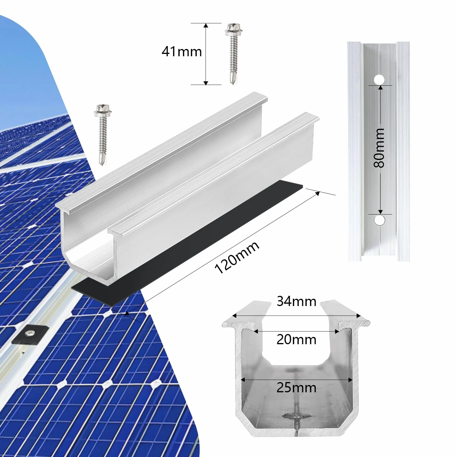 Uchwyt na Panel Słoneczny z 12 cm Szynami - Regulowane Końcówki 30 mm dla Modułów 30-35 mm - Idealny do Dachów Płaskich i Trapezowych
