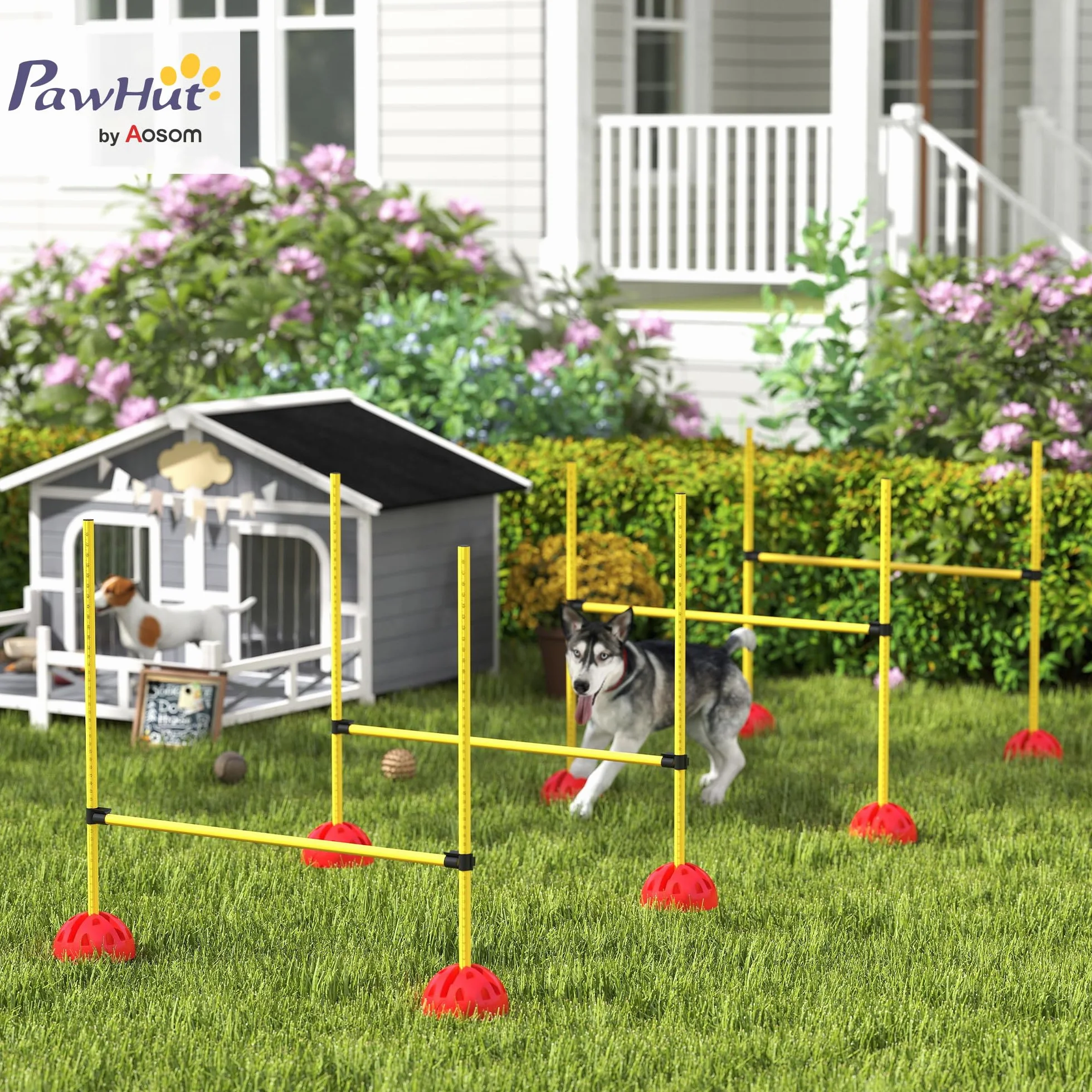 PawHut Agility zestaw dla psów, 5-częściowy, do napełniania, wyposażenie agility do treningu psa, zestaw płotek z regulacją wysokości, torba transportowa, akcesoria treningowe, trening koordynacyjny