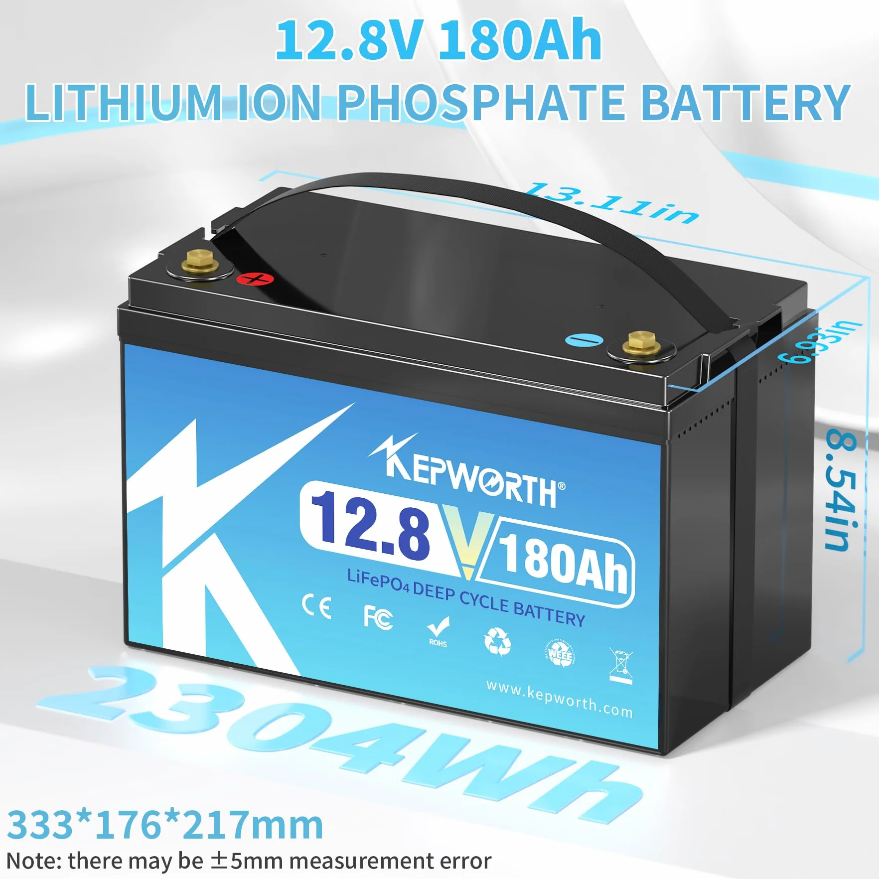 KEPWORTH Bateria litowa 12 V 180 Ah Bateria Lifepo4, Do 15000 cykli i 10 lat życia, 100 A BMS, Baterie słoneczne do przyczep kempingowych Zasilanie awaryjne Zastosowanie na zewnątrz silnika łodzi