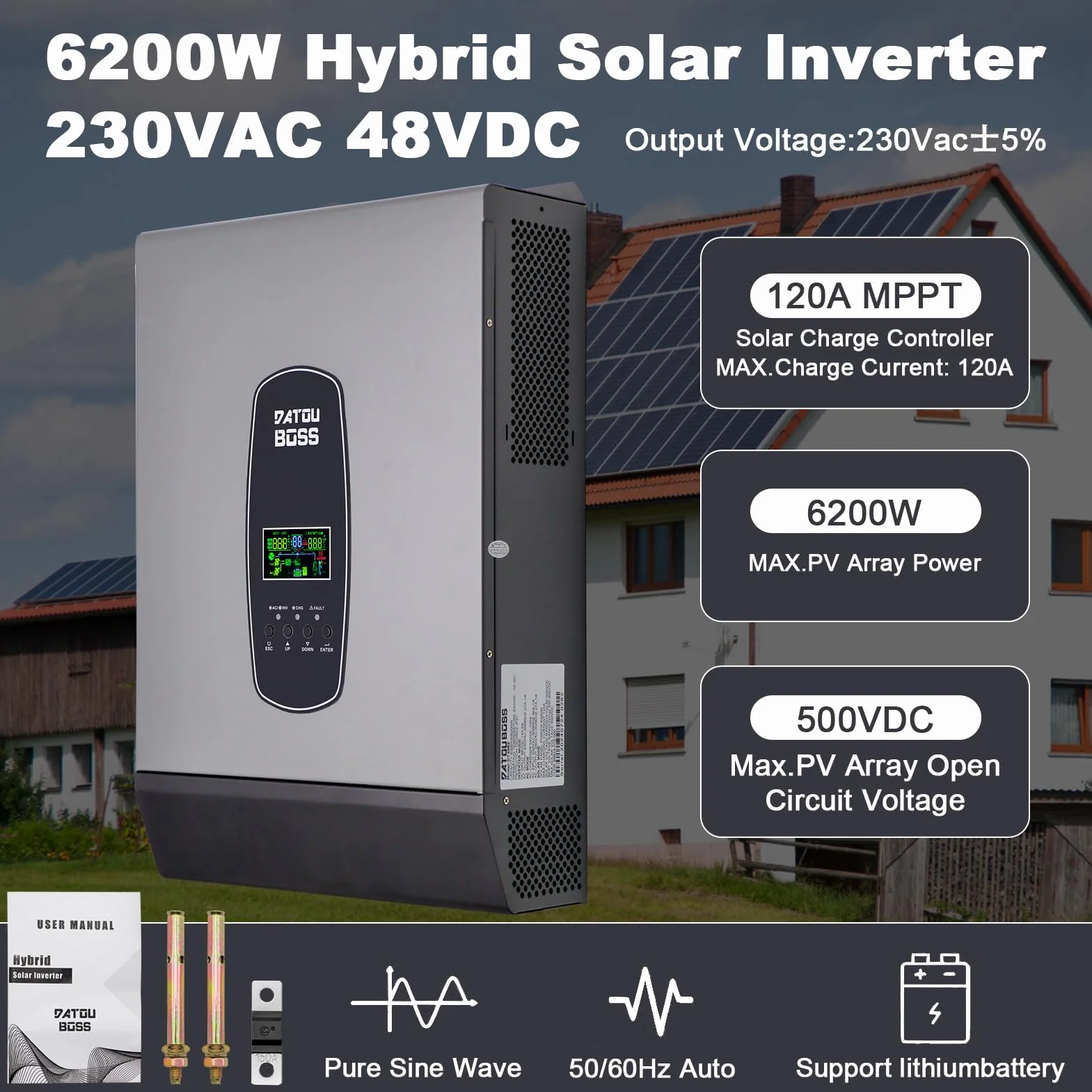DATOUBOSS 6200W Hybrydowy Falownik 48V Czysty Sinus, Hybrydowy Falownik Solarny 48v, 48v DC Na 220v/230v AC, Z Regulatorem ładowania Solarnym 120A MPPT, Obsługa Pracy Bez Baterii, System Ochrony BMS