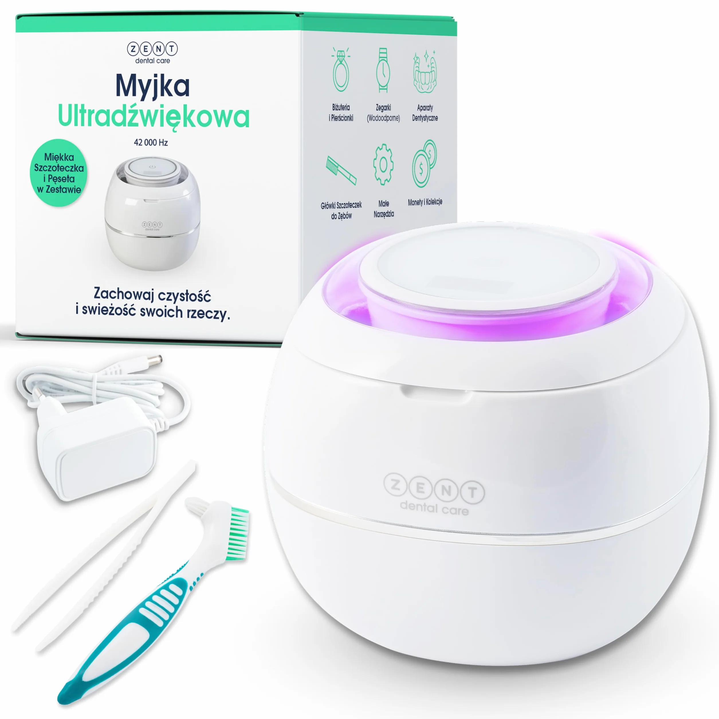 ZENT Ultrasonic Cleaner 42 kHz Kompaktowa Myjka Ultradźwiękowa, Dezynfekcja lampą UV, do Protez stomatologicznych biżuterii nakładek ortodontycznych, Szybkie czyszczenie - tylko 5 minut, 0.2l, Biała