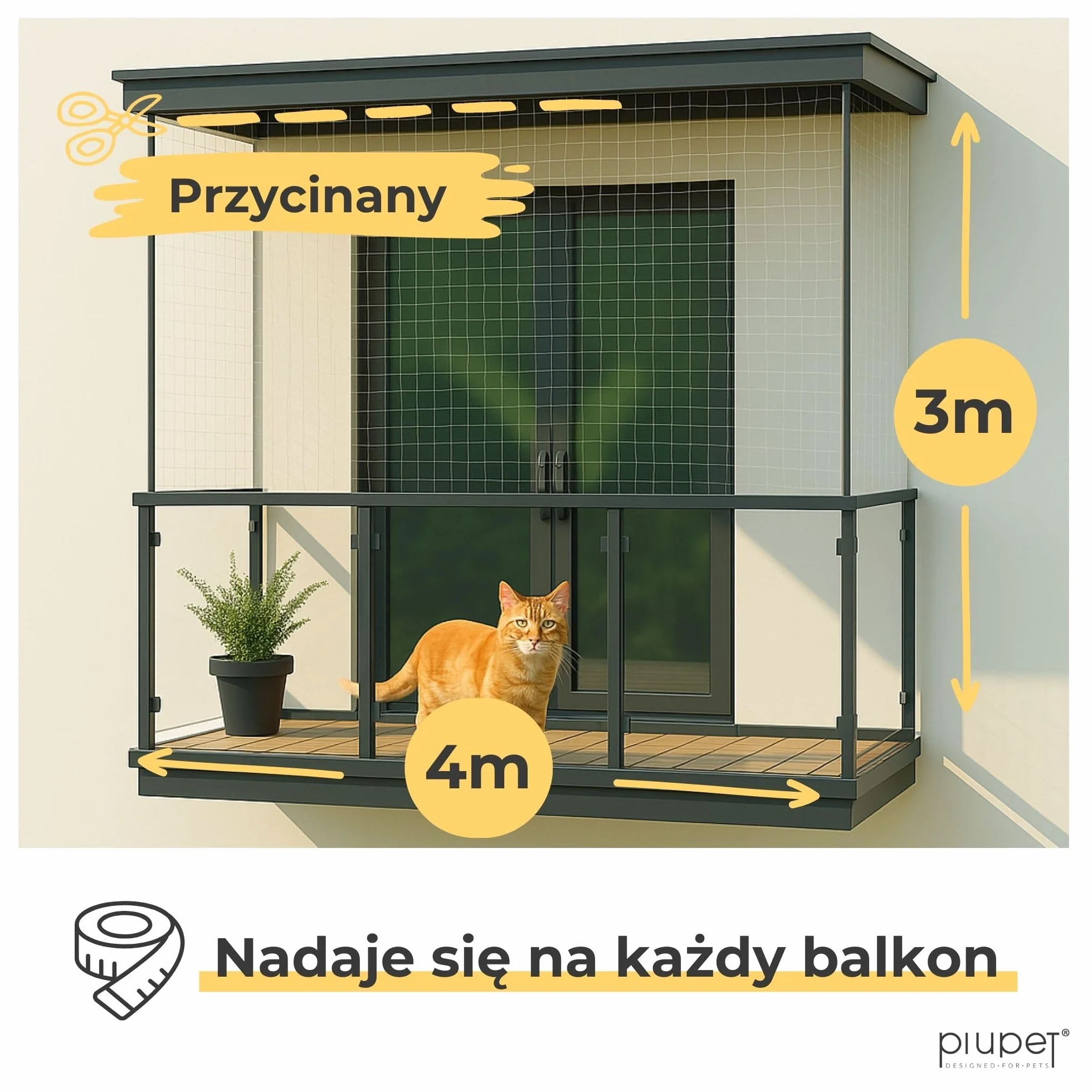 PiuPet® Siatka dla kota I 4 x 3 m, przezroczysta, wraz z materiałem montażowym, siatka dla kota na balkon, ochrona przed kotami, siatka balkonowa, idealna do nieograniczonej widoczności