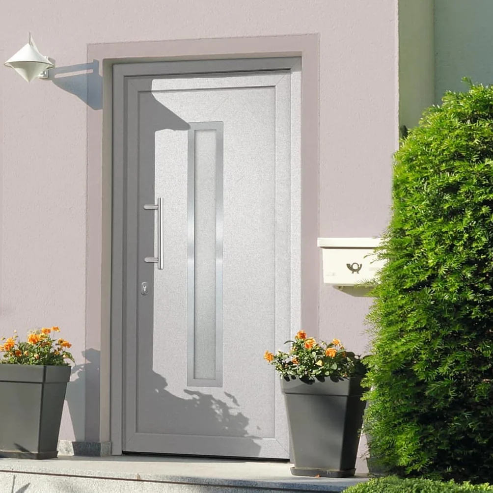 Drzwi wejściowe, białe, 98 x 200 cm, z progiem aluminiowym, zawiasy 3D, 5 blokad głowicy grzybkowej, szyba chroniąca przed ciepłem ISO, blokada wielokrotna, kompletny zestaw do montażu