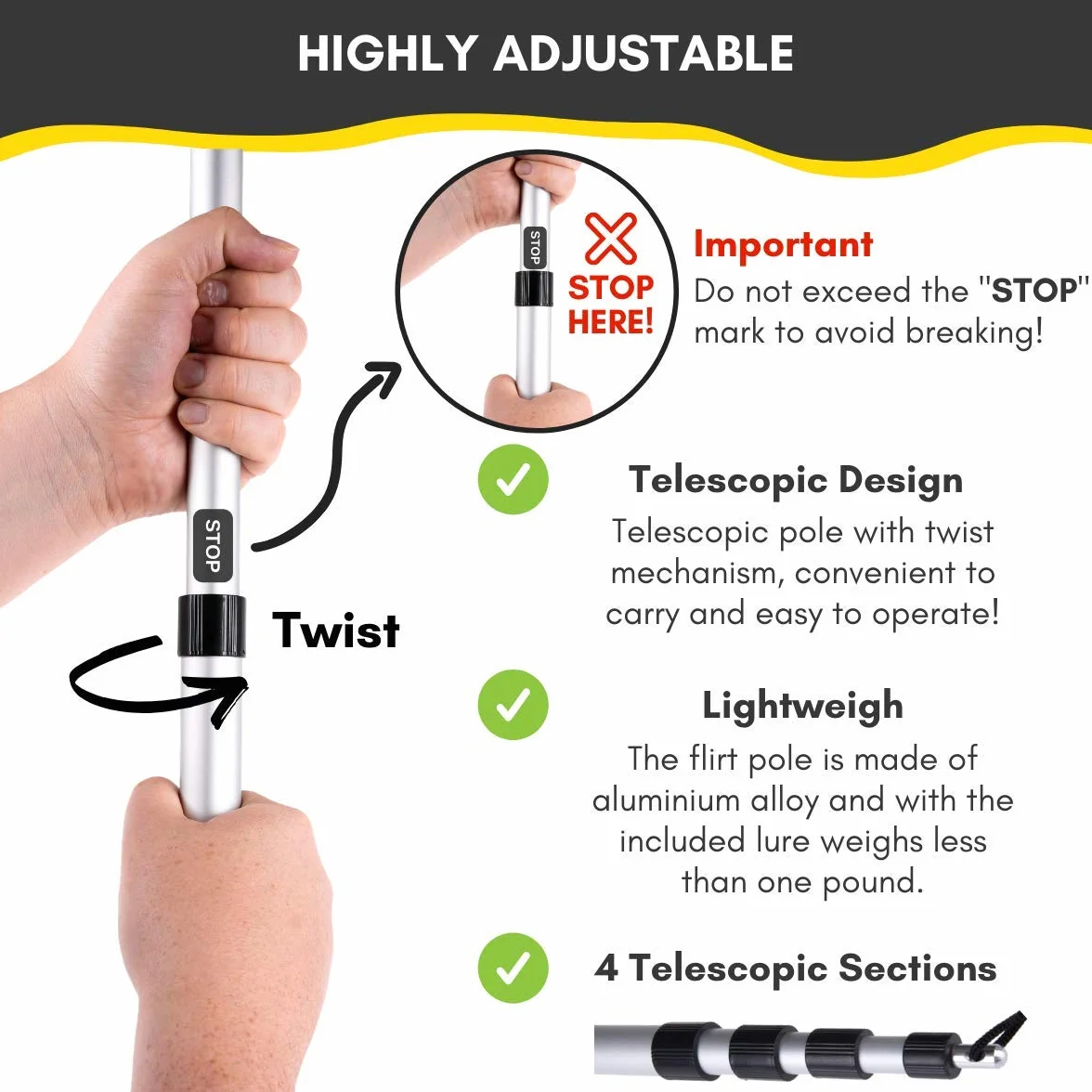 Flirt Pole for Dogs w/ Safe & Strong Non-Bungee Cord, Telescopic Lure Stick for Dogs of Any Size, Dog Toy for Training & Exercise by Yes4Quality