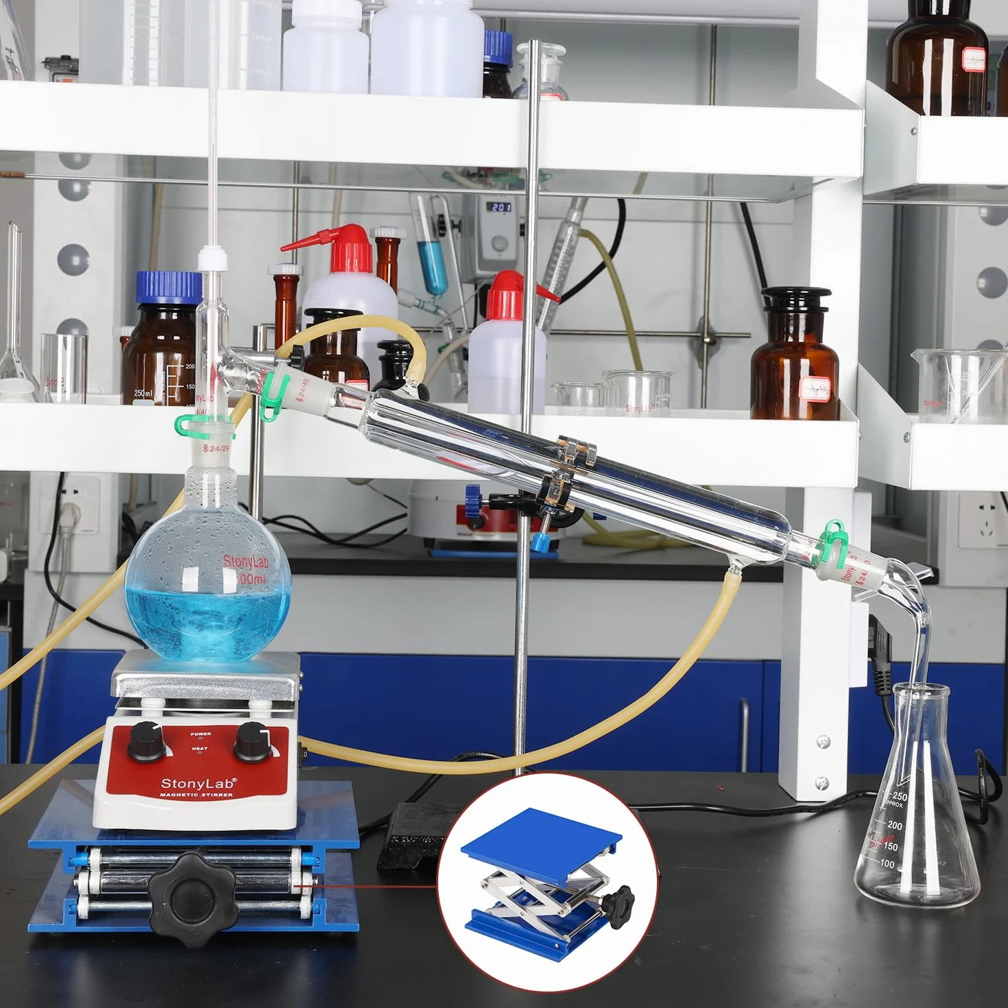 stonylab Gniazdo laboratoryjne 150 x 150 mm anodowane Alumunium Top Deck Laboratorium Podnośnik Podnośnik Lab Podnoszenie Stół Scissor Jack ze wspornikiem 10 kg, 63 do 260 mm