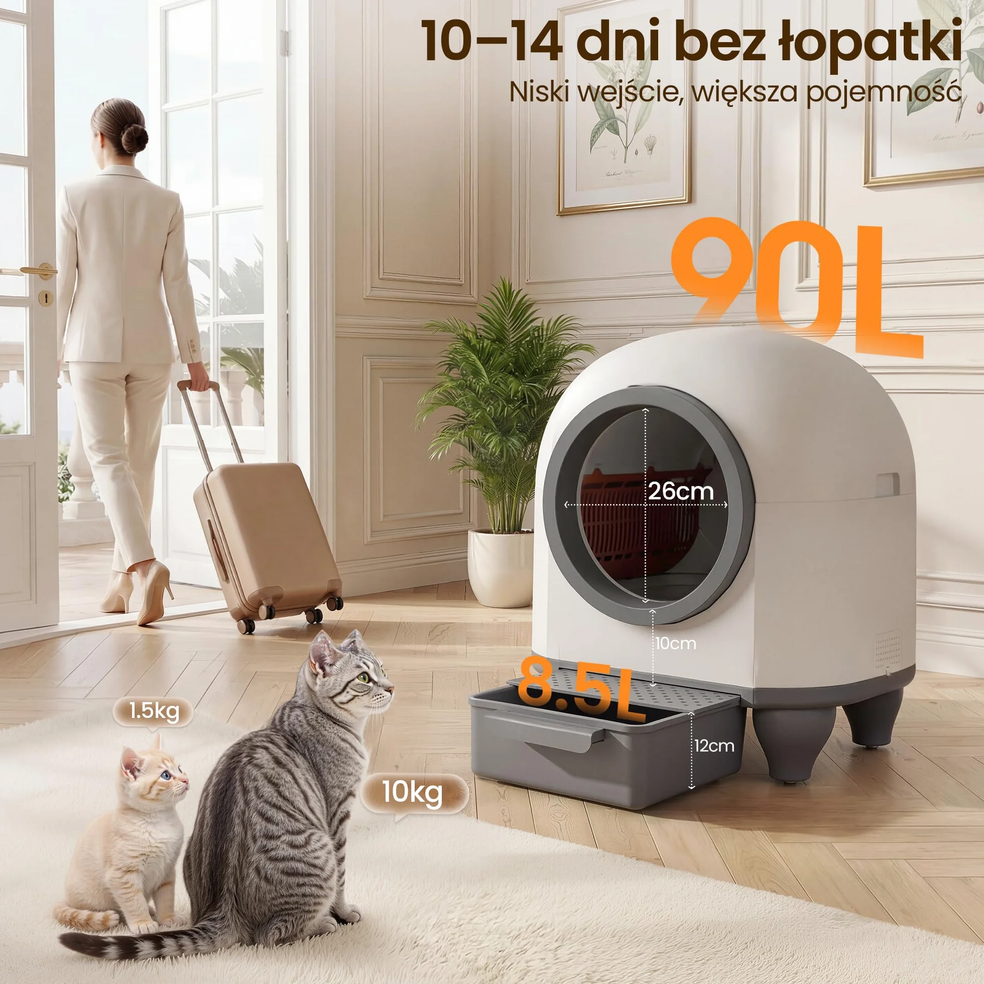Devoko Samoczyszcząca Kuweta dla Kotów Duża Pojemność 90L | Automatyczna z Sterowaniem przez Aplikację i 9 Czujnikami | Automatyczna Samoczyszcząca Kuweta Zaprojektowana dla Dużych Kotów (max. 10kg)