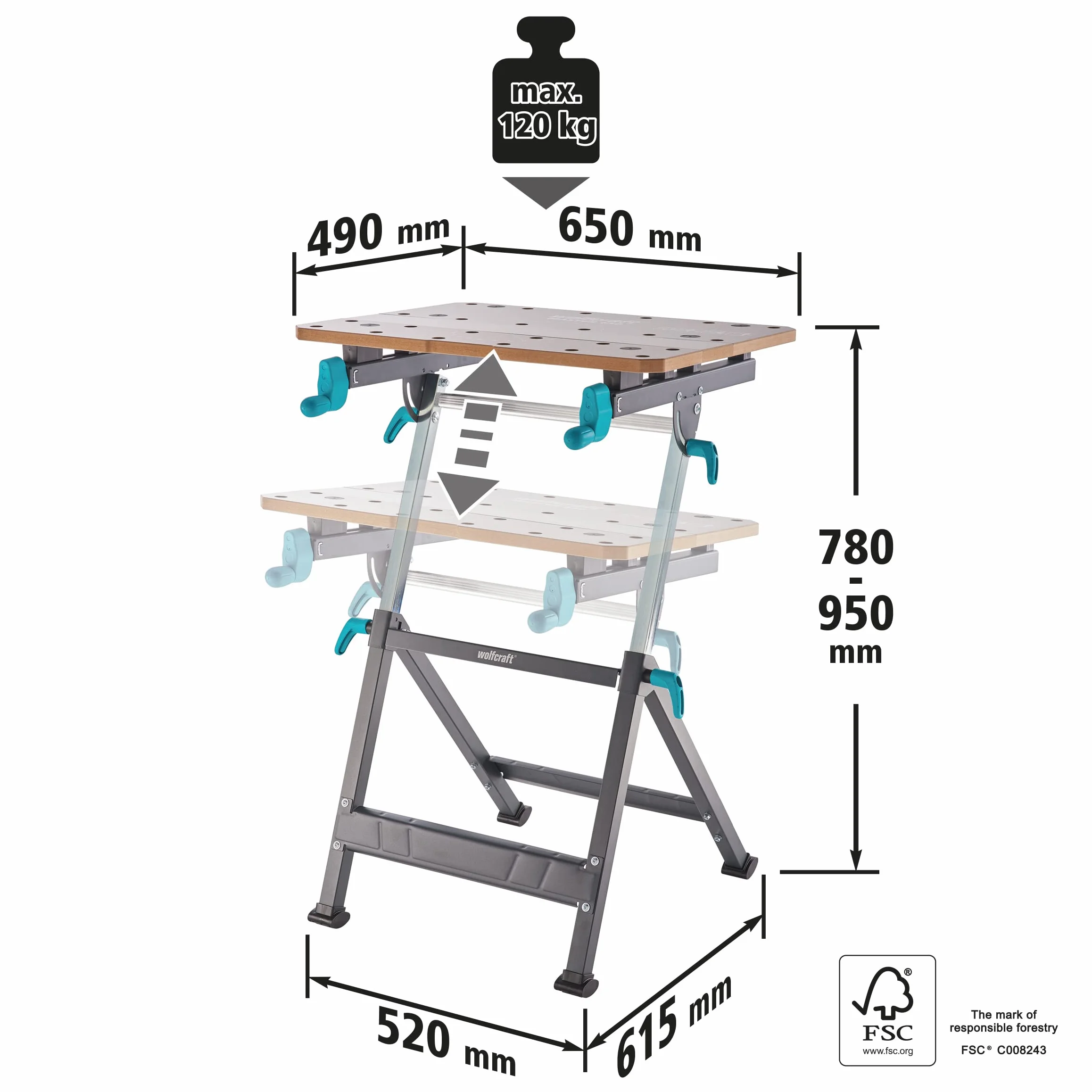 Wolfcraft Master 650 Ergo Stół Zaciskowo-Roboczy, Antracytowy/Szary, 650 x 720 x 950 mm
