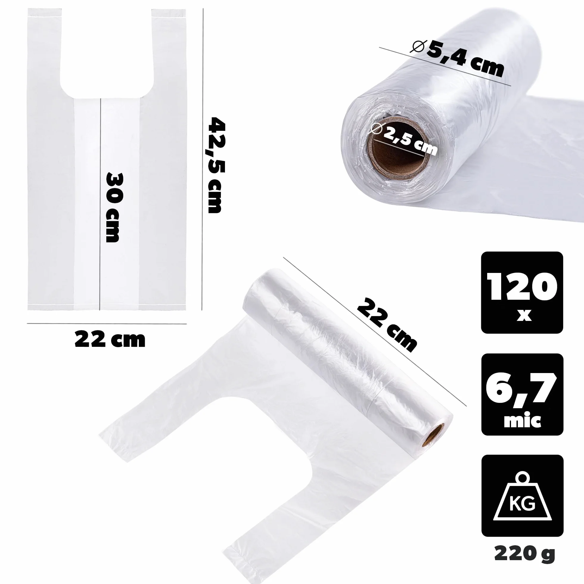 KADAX 3 x torby 42,5 × 22 cm, 120 sztuk, woreczki węzłowe na rolce, torebki na koszulę z folii HDPE, torebki na koszulę, torebki plastikowe z uchwytami, plastikowe torebki