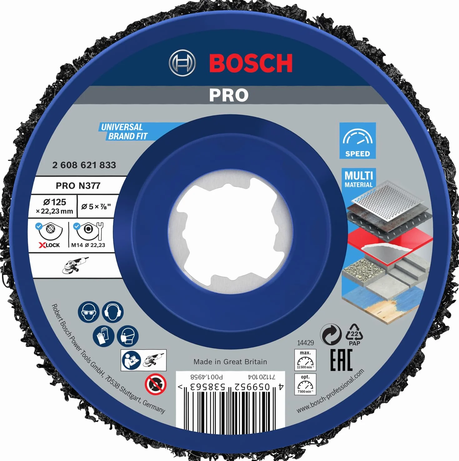 Bosch 1x Tarcza czyszcząca PRO Multi Material N377 i X-Lock (do Blachy stalowe, Stal, Ø 125 mm, Ziarnistość, Professional Akcesoria Mała szlifierka kątowa)