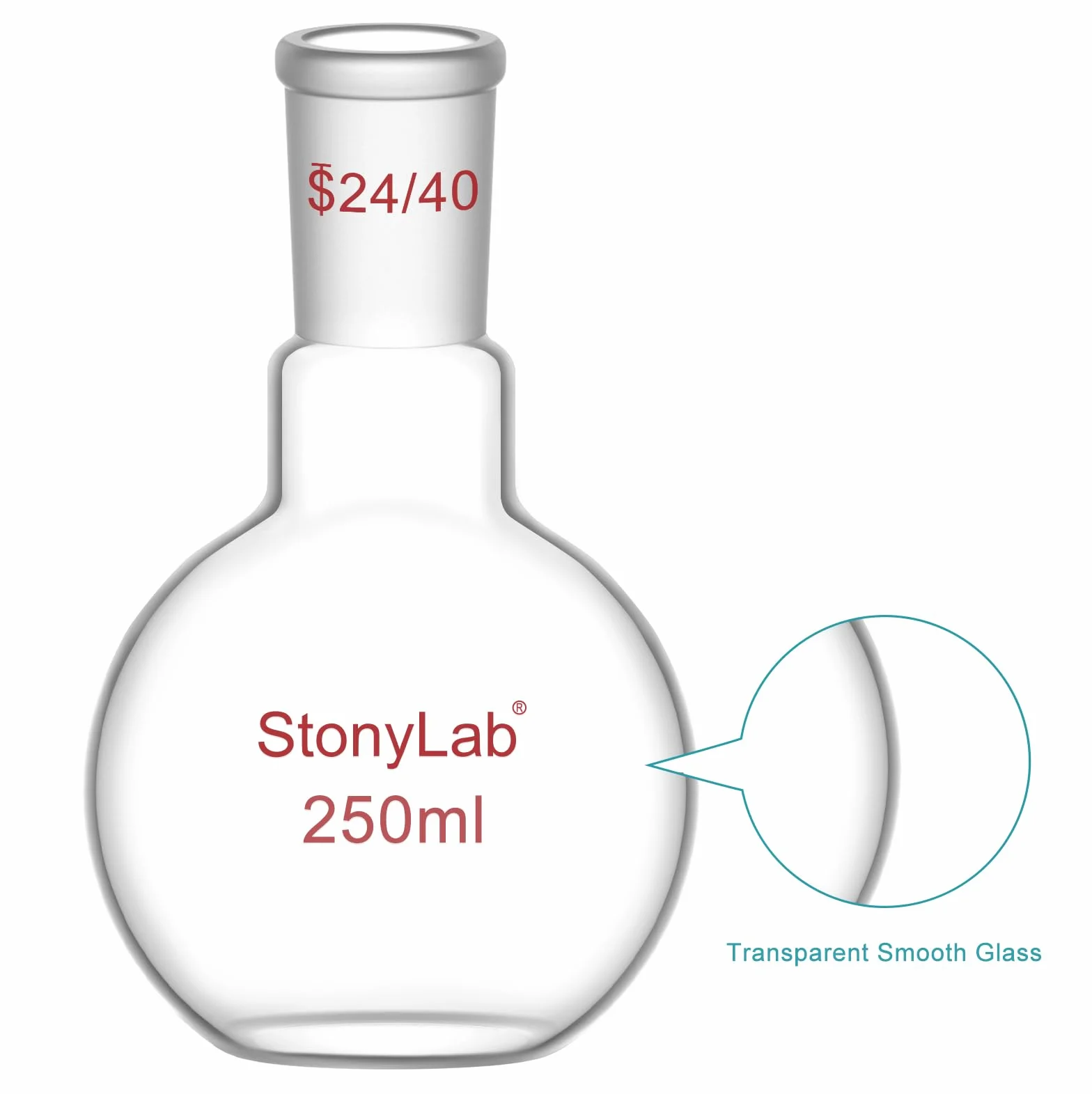 StonyLab 250ml Glas Einhals Flachboden Kochflasche mit 24/40 Standard Taper