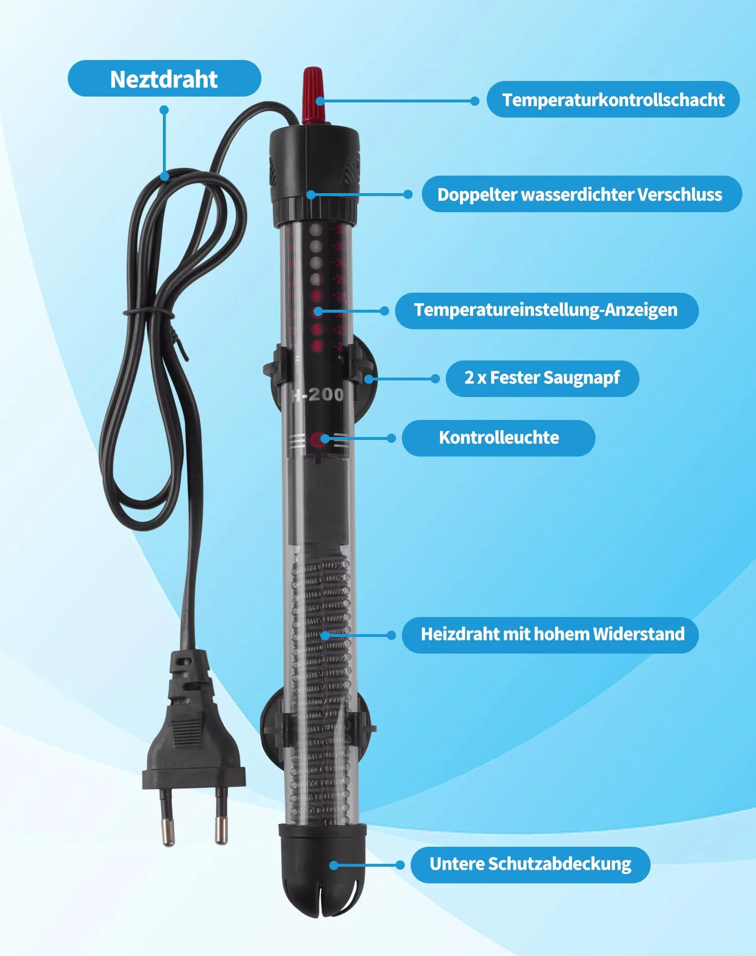 LAOYE Grzejnik do akwarium, 200 W, grzałka do akwarium, do akwariów 120-200L, temperatura regulowana, grzejnik akwariowy z lampką kontrolną, przyssawkami, osłona ochronna, grzejnik akwariowy do