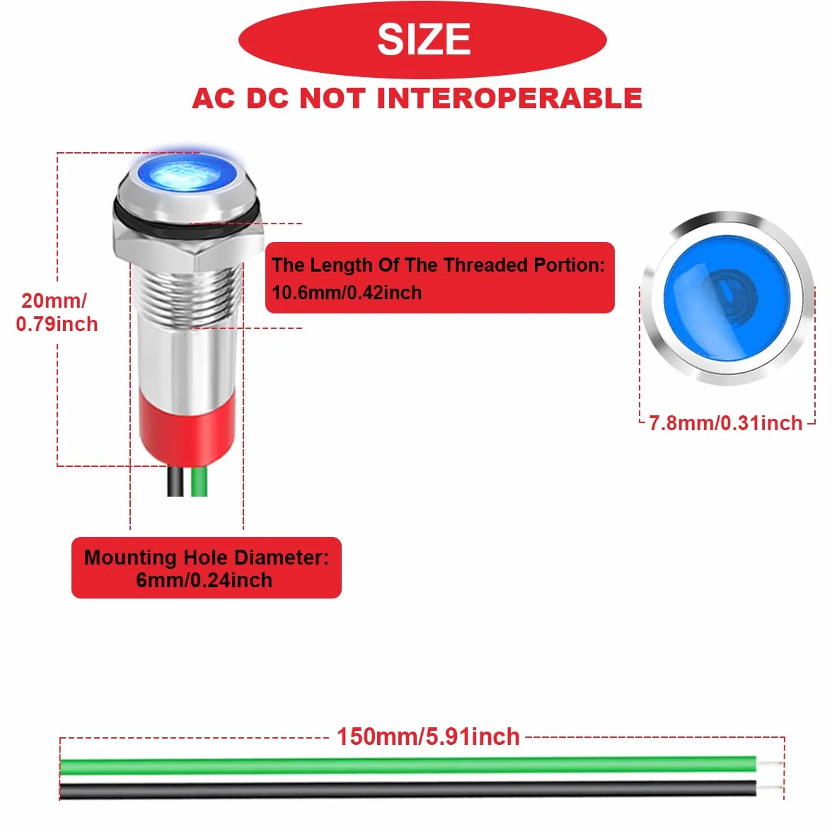 Metalowa lampka sygnalizacyjna LED 6 mm AC 110-220 V wodoszczelna czerwony/żółty/niebieski/zielony/biały