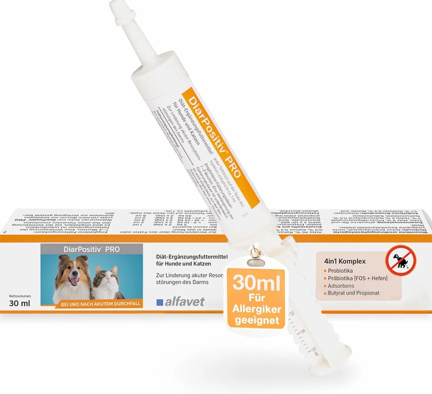 Alfavet DiarPositiv PRO 30 ml – uzupełniająca karma dietetyczna dla psów i kotów – z pro- i prebiotykami do wspomagania flory jelitowej i trawienia – pasta z butyrantem i propionianem, bez dodatku