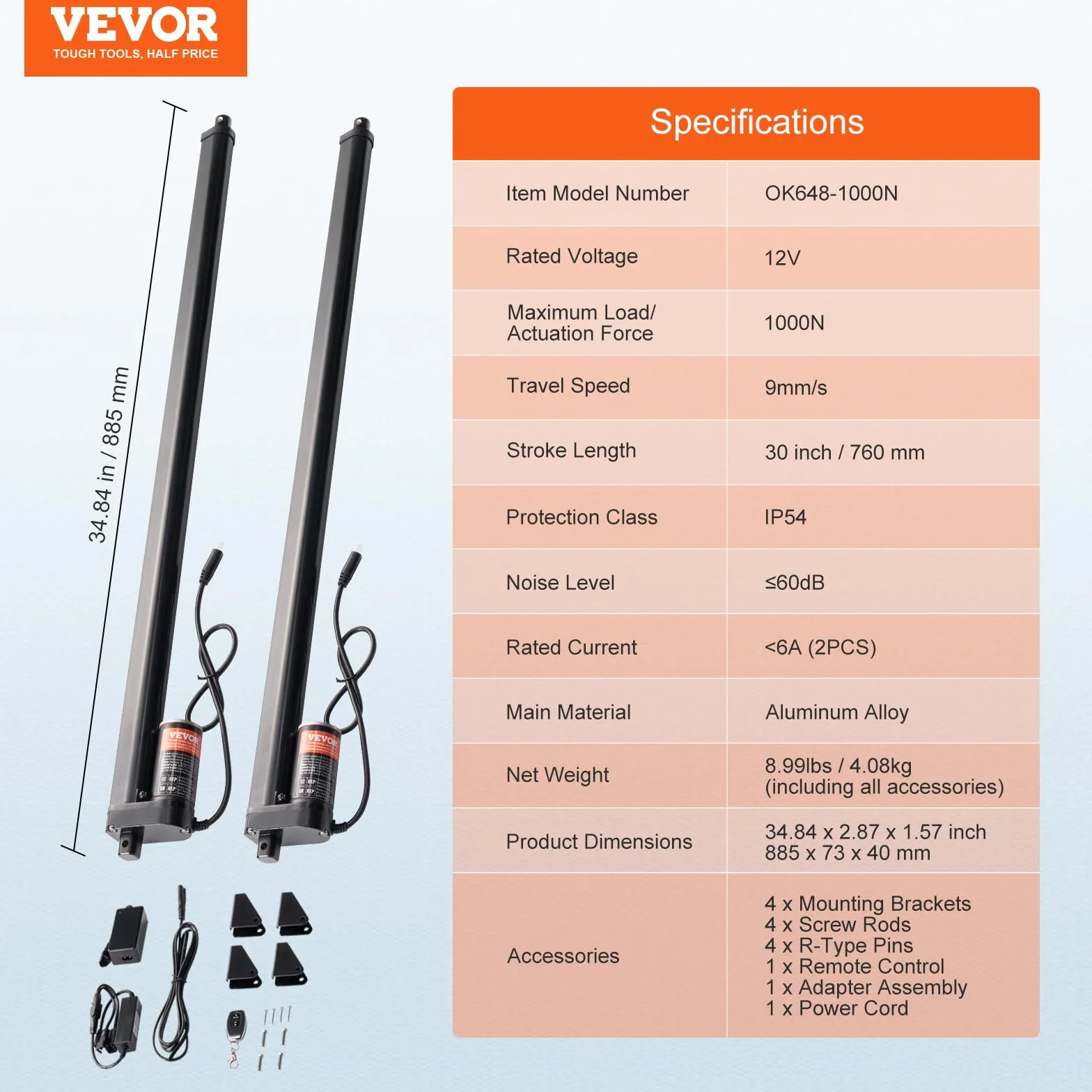 VEVOR 2-częściowy zestaw napędu liniowego 760 mm, 9 mm/s, 12 V, 220 lbs/1000 N, IP54, bezprzewodowy pilot
