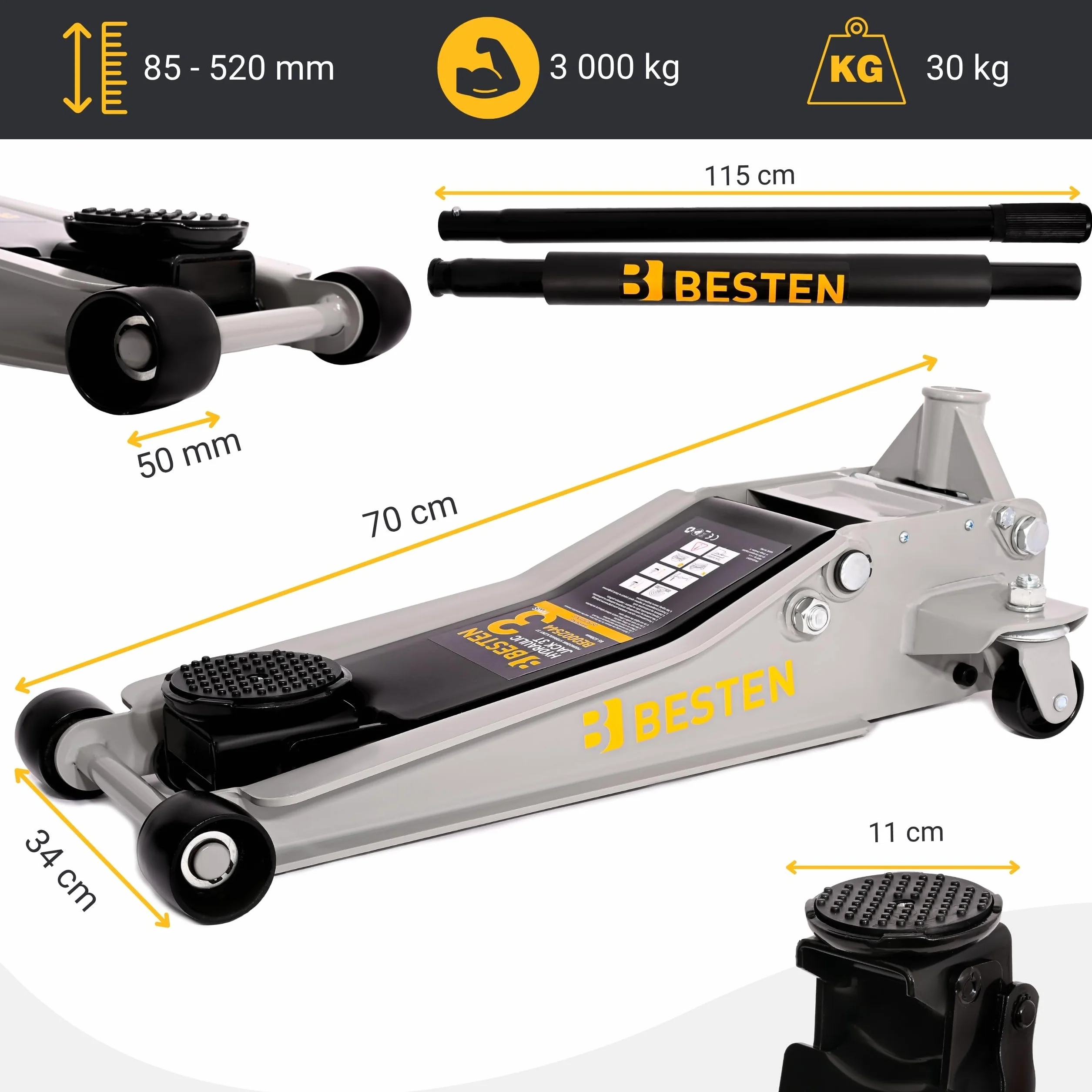 BESTEN Podnośnik hydrauliczny niskoprofilowy 3T 85–520 mm Quick-Lift