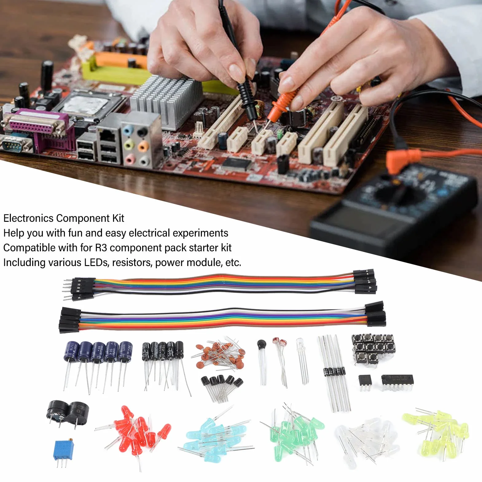 Zestaw Komponentów Elektronicznych Rezystory Kondensatory Moduł Zasilania Płyta Prototypowa LED Przewody Potencjometr