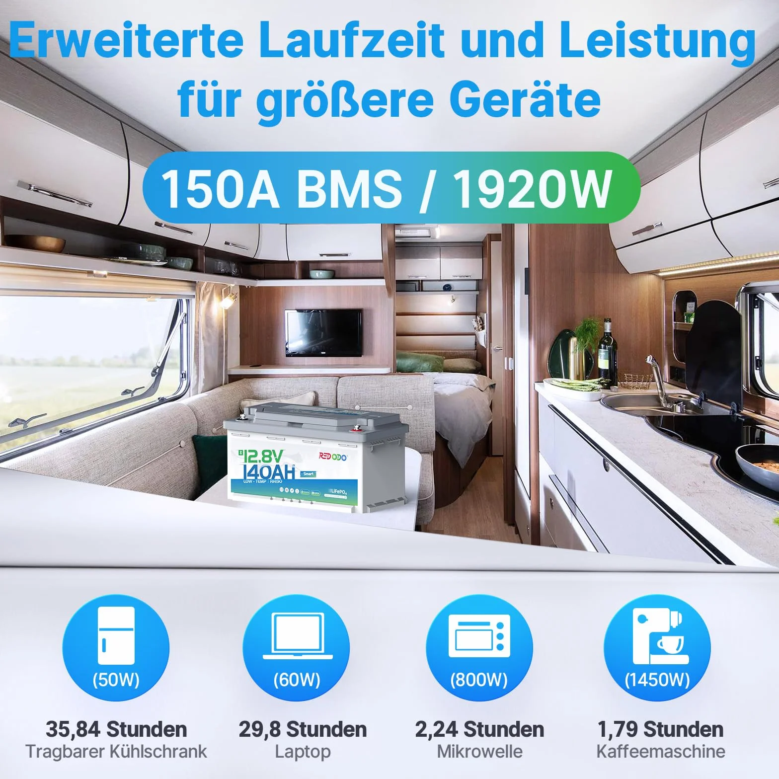 Redodo 12V 140Ah LiFePO4 Bluetooth Akumulator głębokiego cyklu 1792Wh BMS 150A H190 189mm