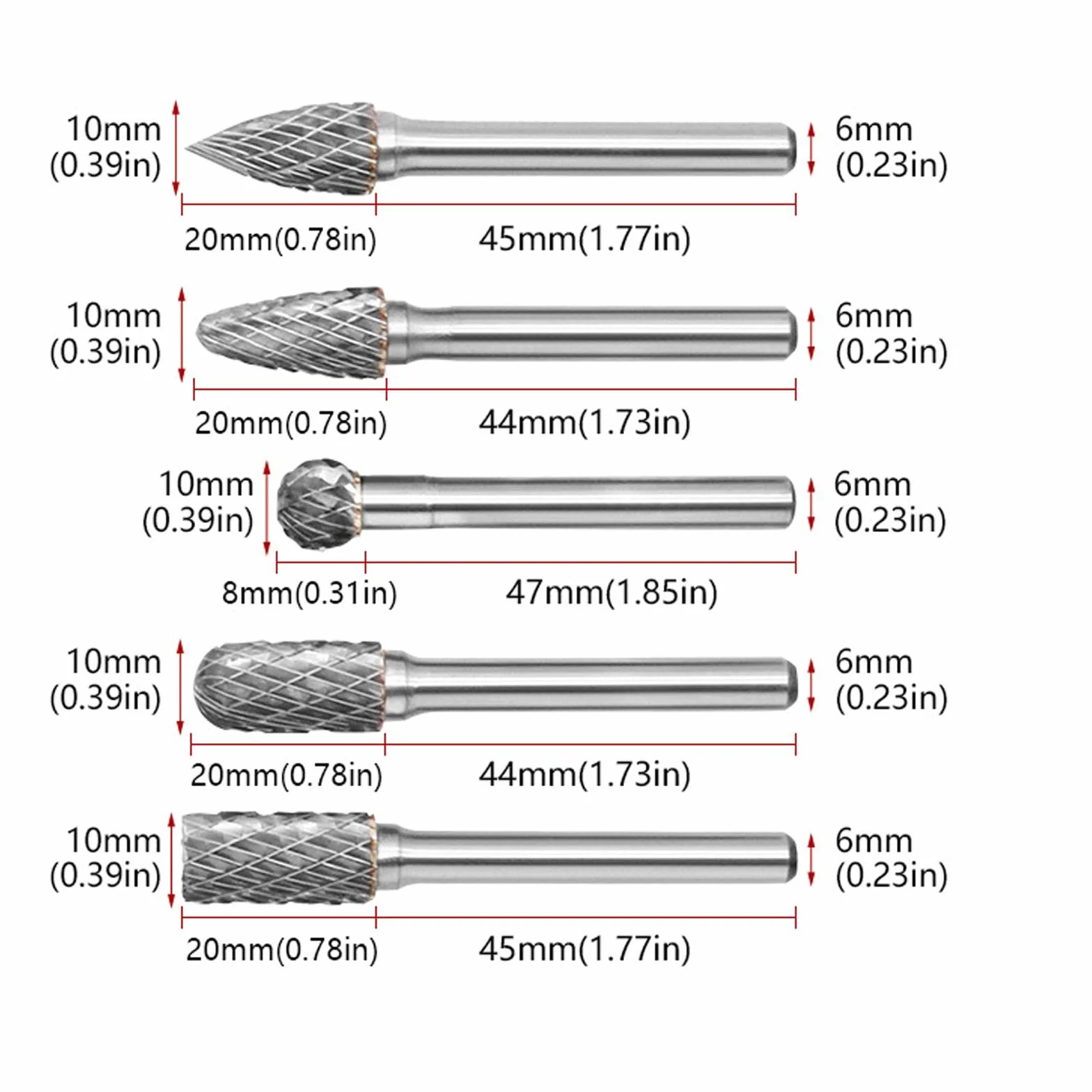 Anhoer Zestaw 5 sztuk frezów z węglika wolframu, trzpień 6 mm, głowica 10 mm, zestaw do szlifierek tnących, rzeźbienia w metalu, polerowania, grawerowania