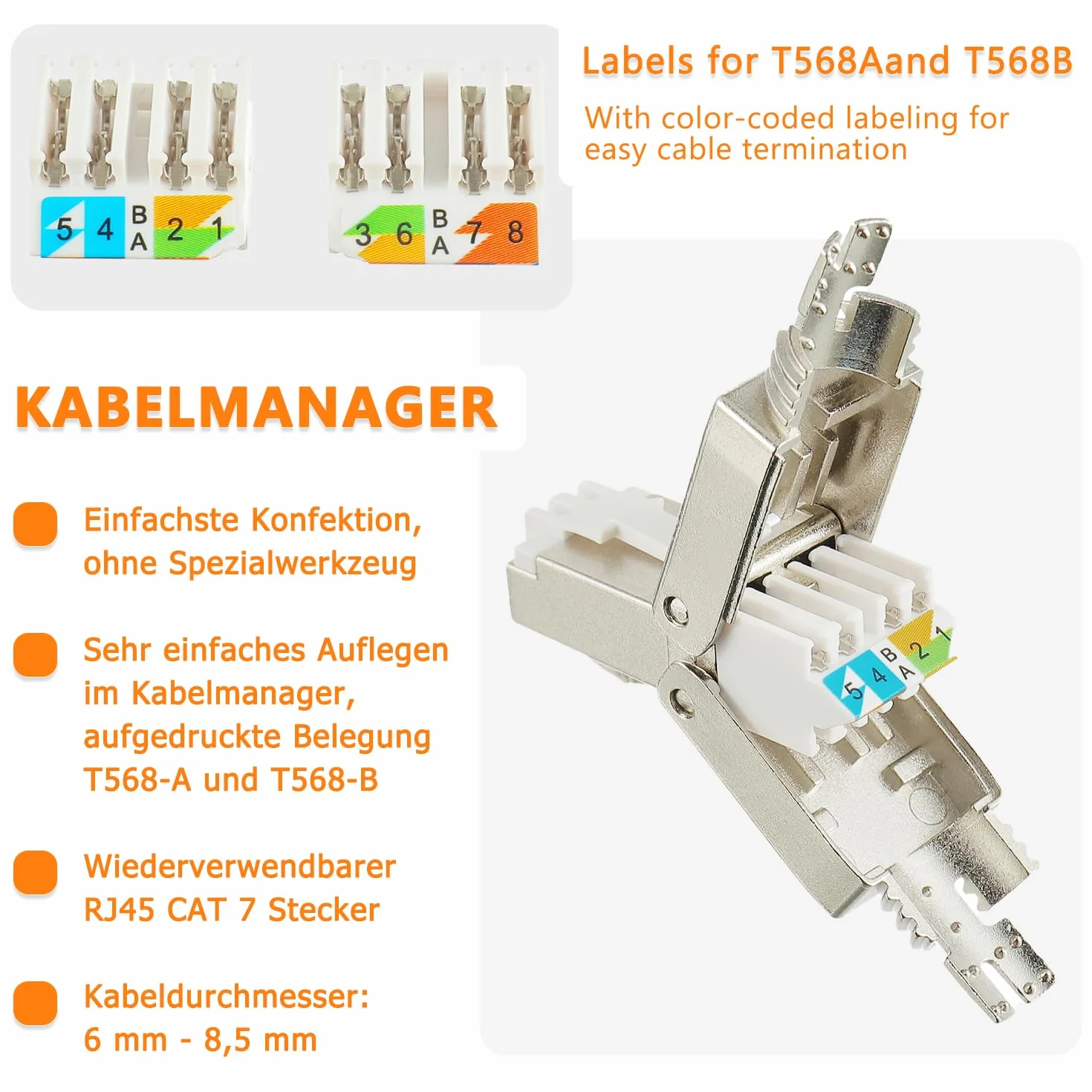 RJ45 wtyczka sieciowa CAT7 LSA ekranowana, 10 Gbps, pozłacana, Gigabit Connector beznarzędziowa do kabli instalacyjnych CAT7 CAT6a (4 sztuki)