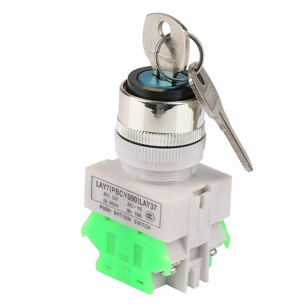 Przełącznik kluczykowy, 3-pozycyjny przełącznik blokady klucza bezpieczeństwa LAY37-20Y / 31220V 5A Przełącznik obrotowy 22mm Otwór montażowy z 2 kluczami