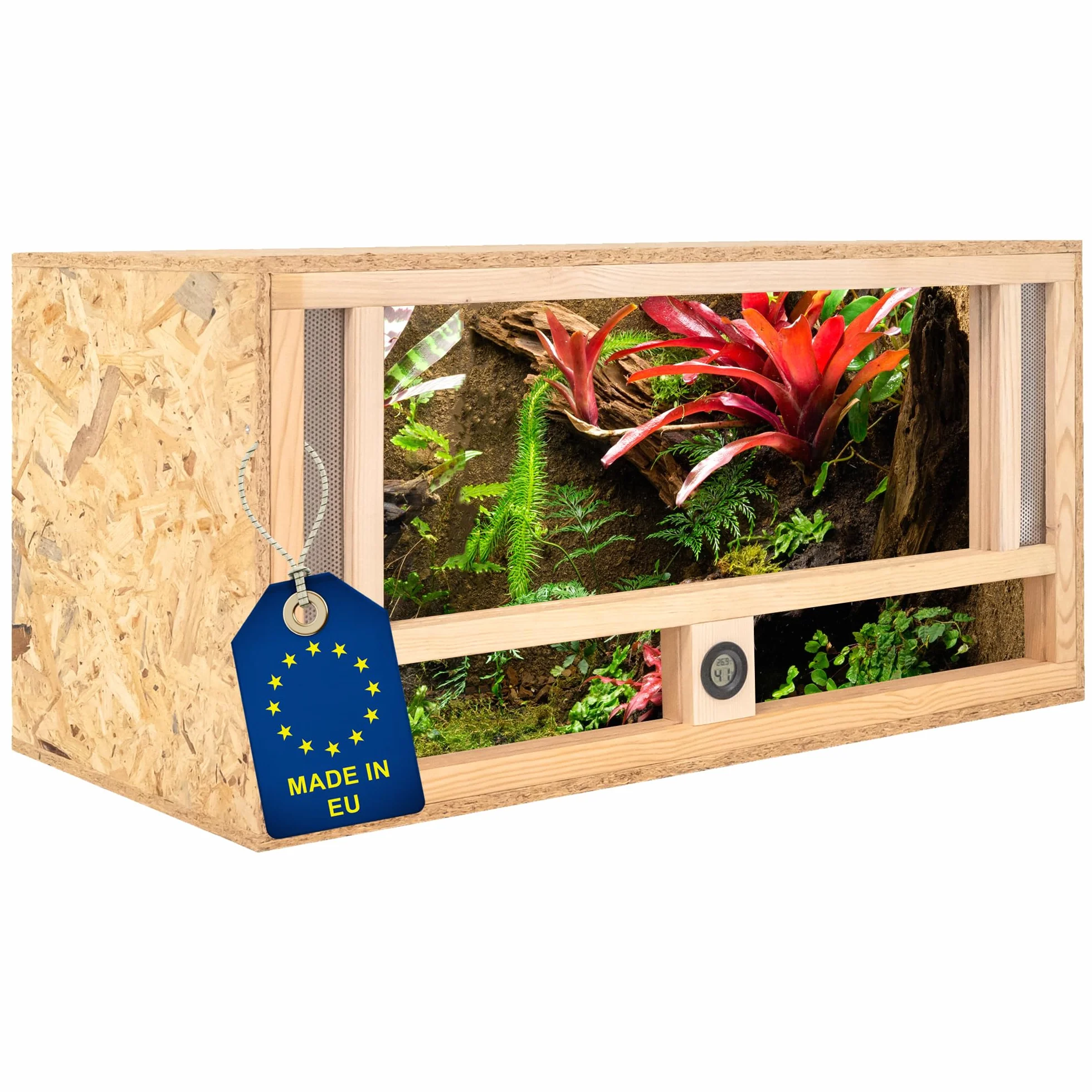 ITA Drewniane terrarium 80 x 40 x 40 cm ze zintegrowaną wentylacją i higrometrem, drewniane terrarium OSB-3, dla gadów, węży, płazów - produkt UE, certyfikat FSC