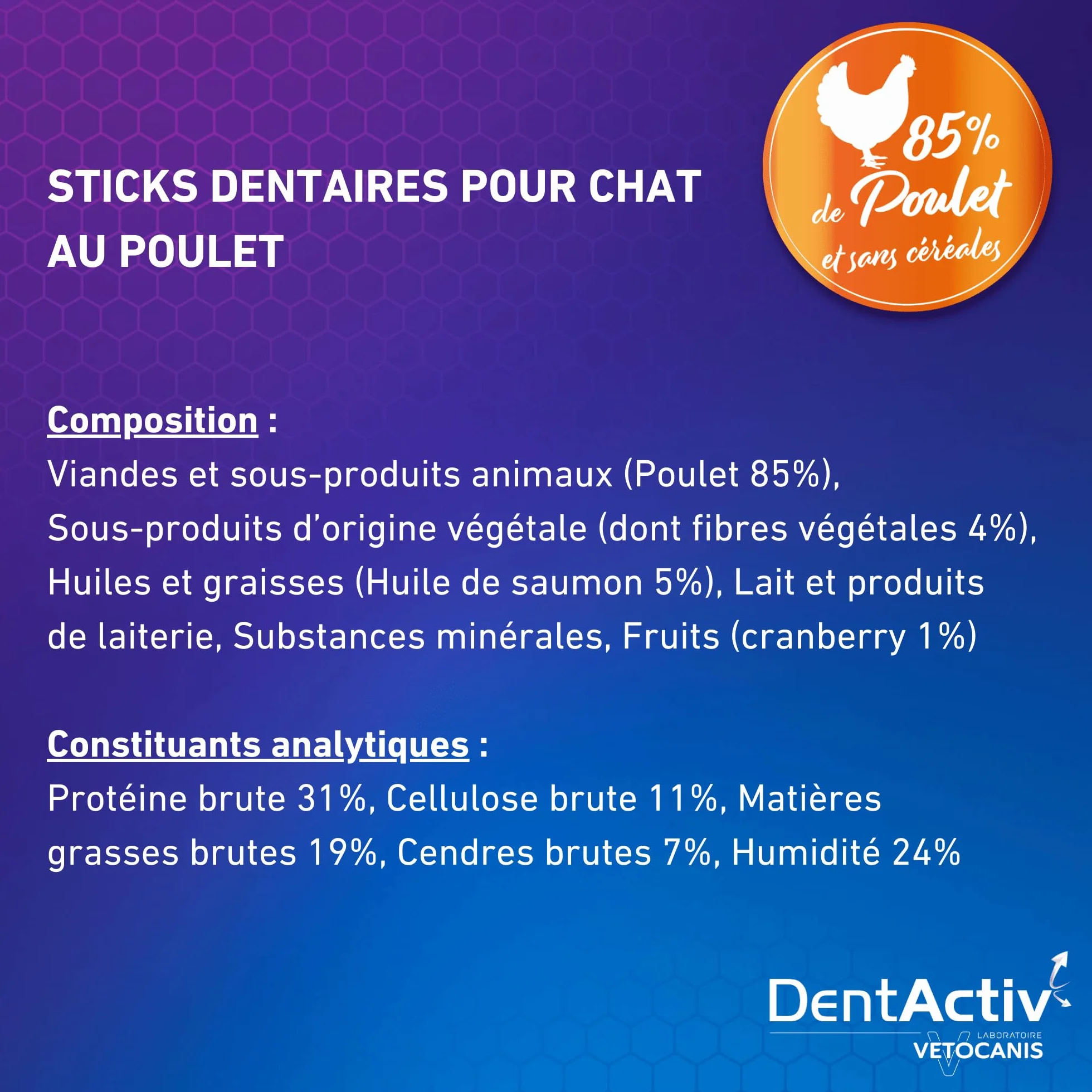 Vetocanis | Dentactiv | Stick Dental Cat | Przysmaki dla smakoszy dla kotów | Zdrowie i higieny kota | Bogate w mięso | 85% kurczaka | polecany przez weterynarzy | System przeciw płytkom
