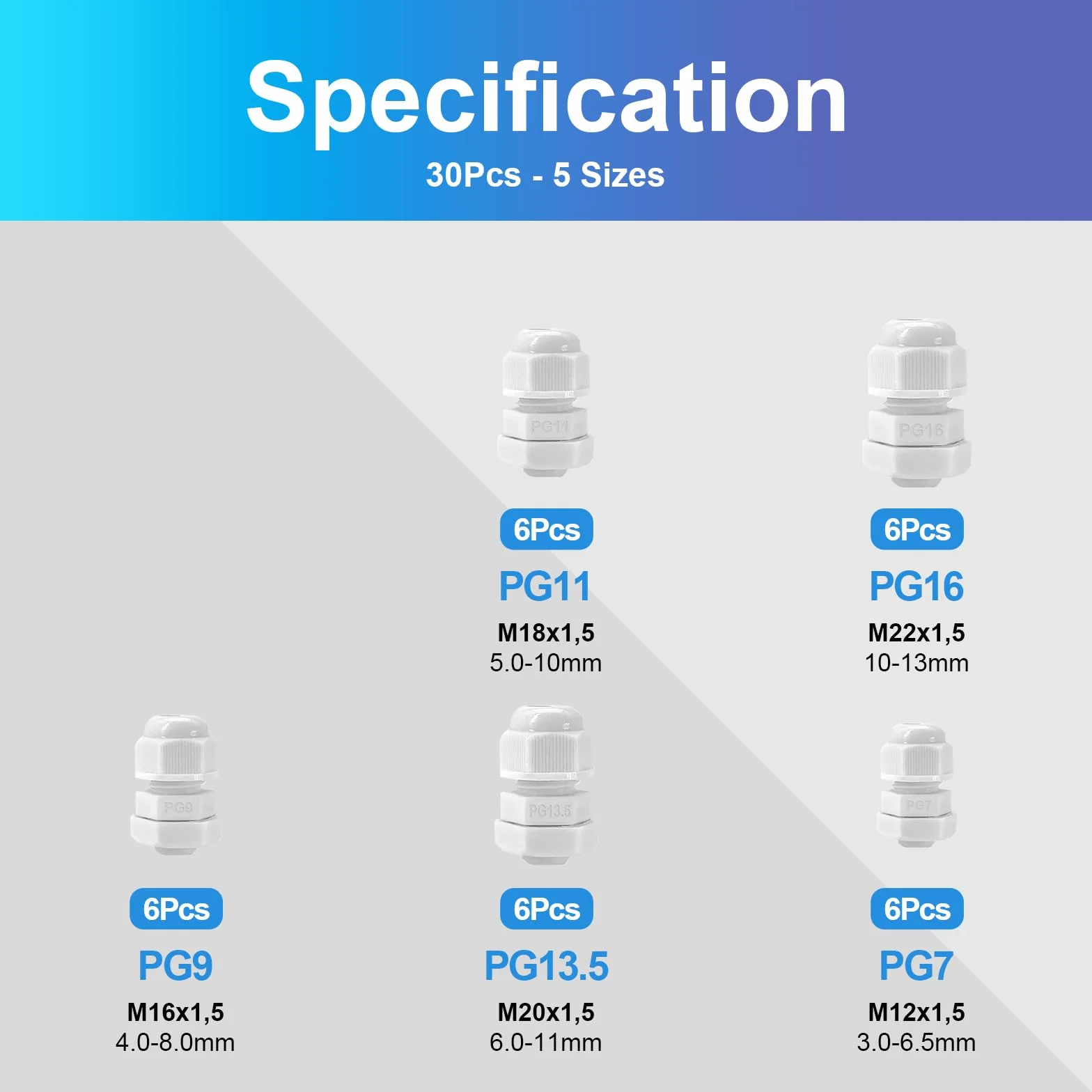Wodoszczelne dławiki kablowe PG7 PG9 PG11 PG13.5 PG16 30 sztuk