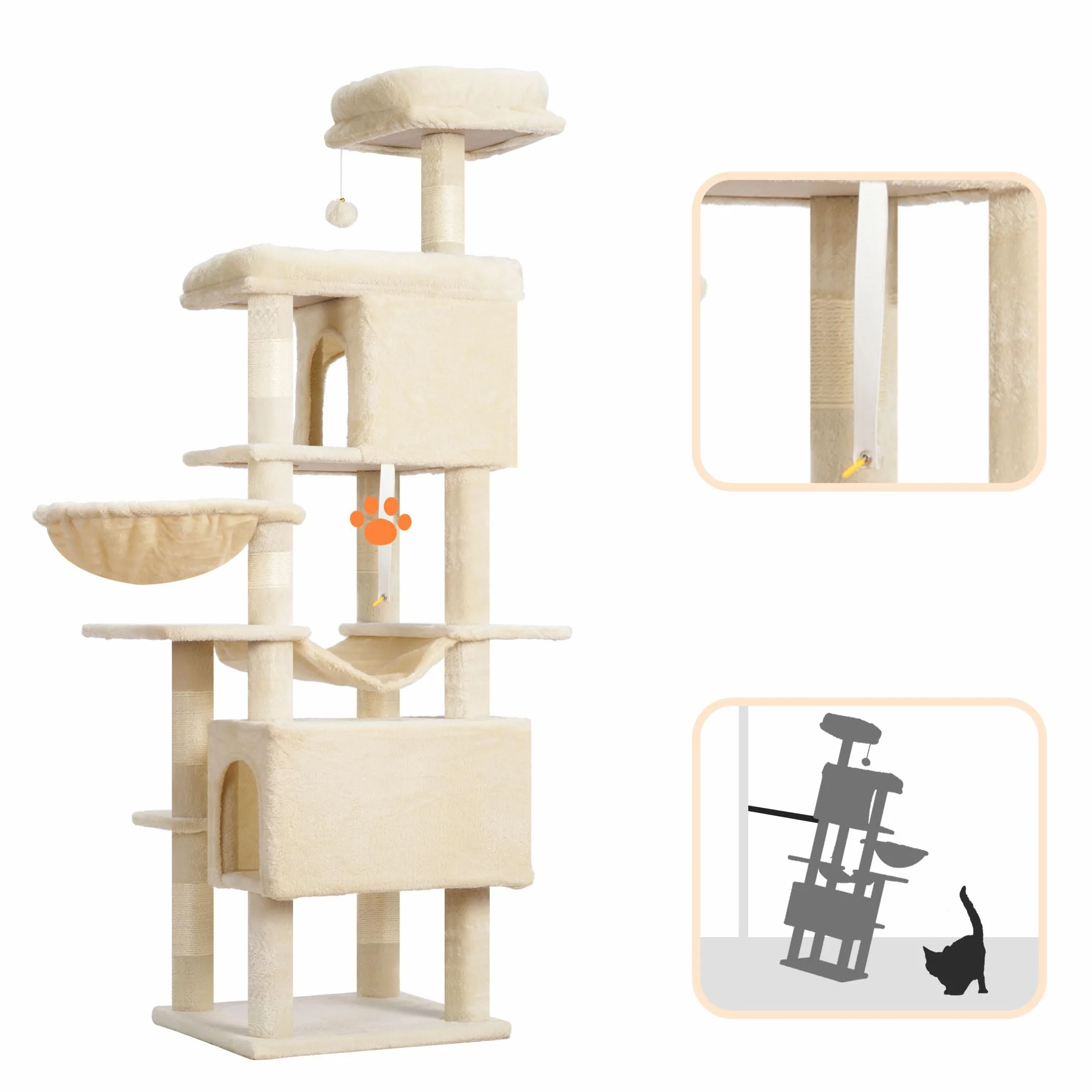 Heybly Cat Tree, 178 cm Wysokości, Drapak Dla Kotów Domowych, Drapak Dla Kota Z 8 Drapakami, 2 Jaskiniami, 2 Platformami, Hamakiem, Koszem, Pluszowym Baldachimem, Beżowy HCT036M
