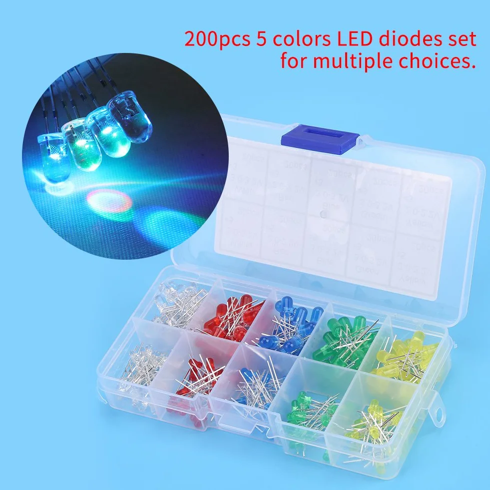Zestaw 200 Sztuk Mini Diody LED 3mm 5mm 5 Kolorów 2 Pin Okrągły Rozproszone